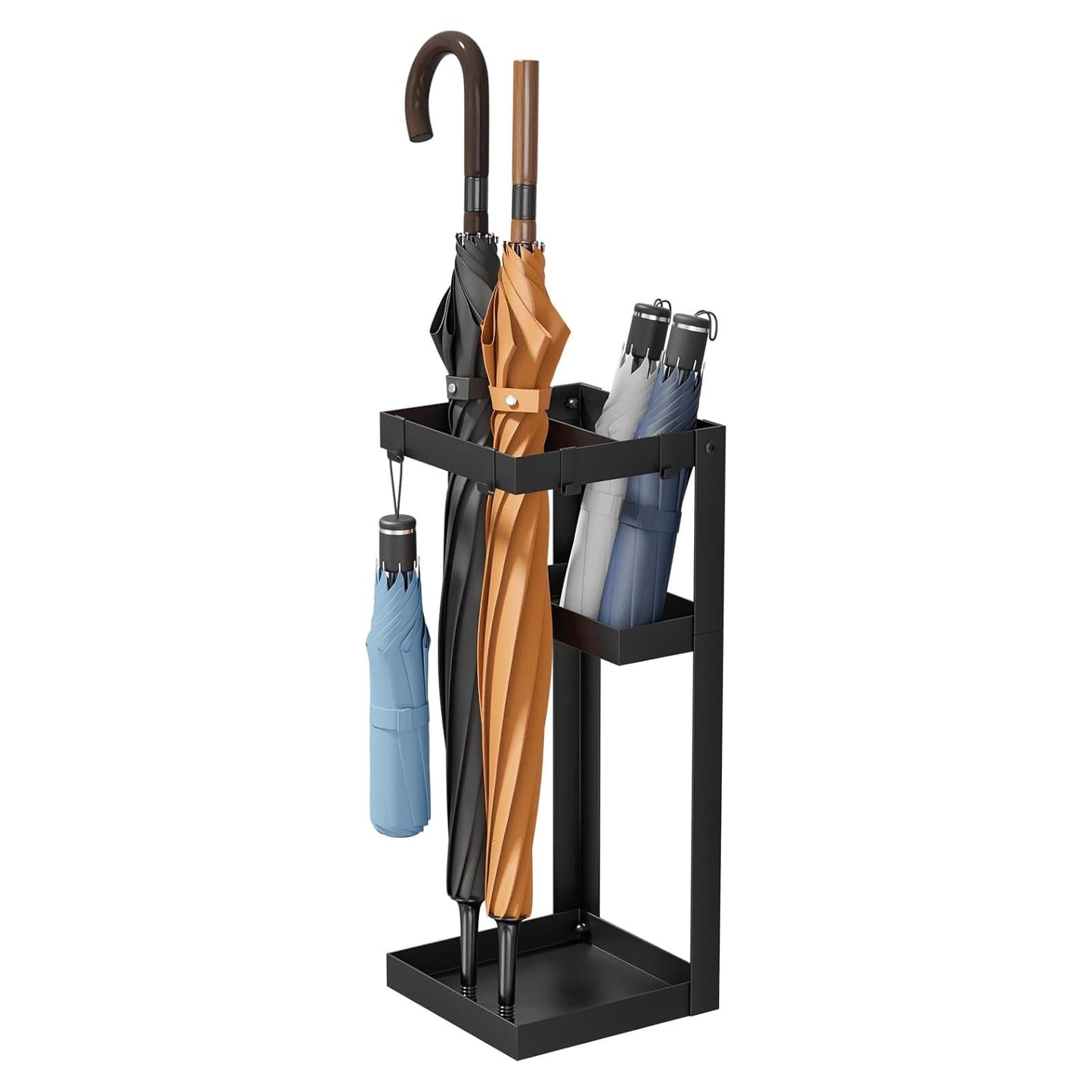 Soporte para Paraguas Kawaiita de Acero Negro con Estante y Ganchos