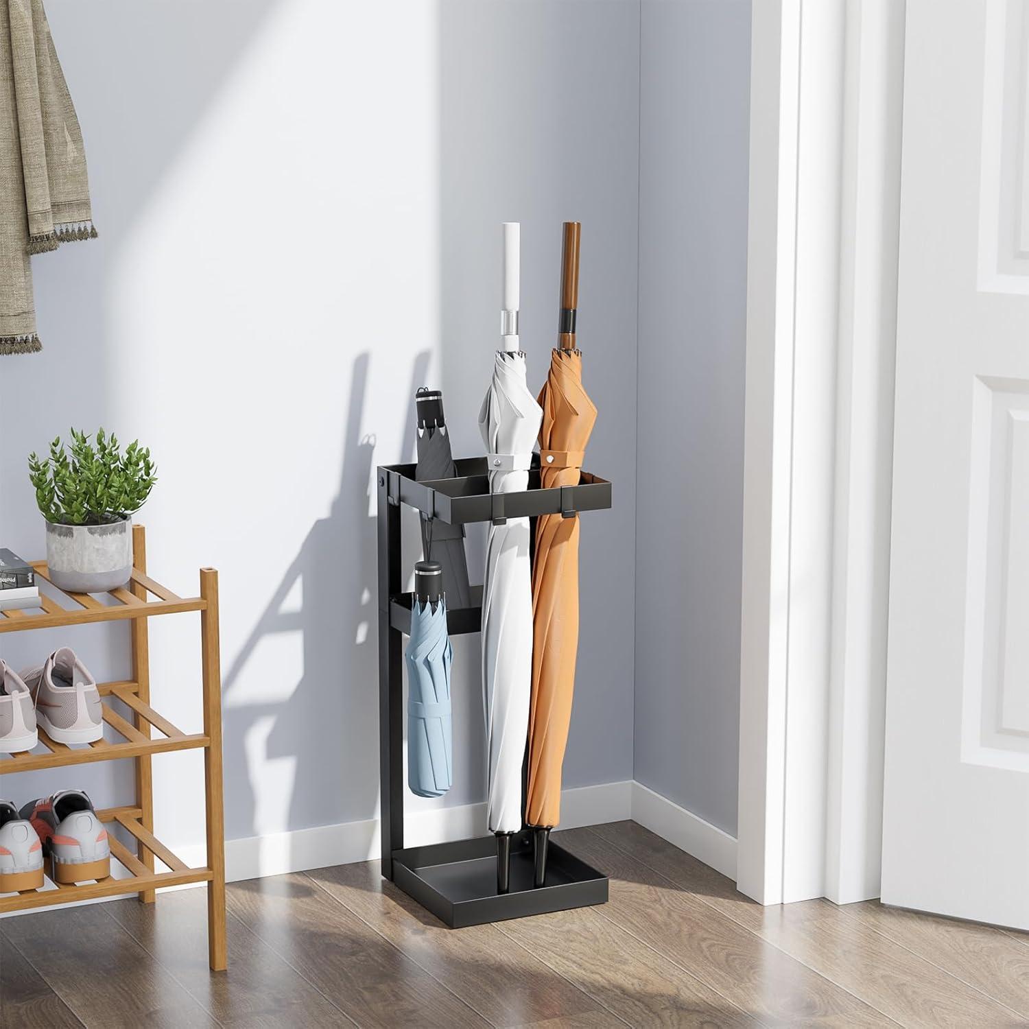 Soporte para Paraguas Kawaiita de Acero Negro con Estante y Ganchos