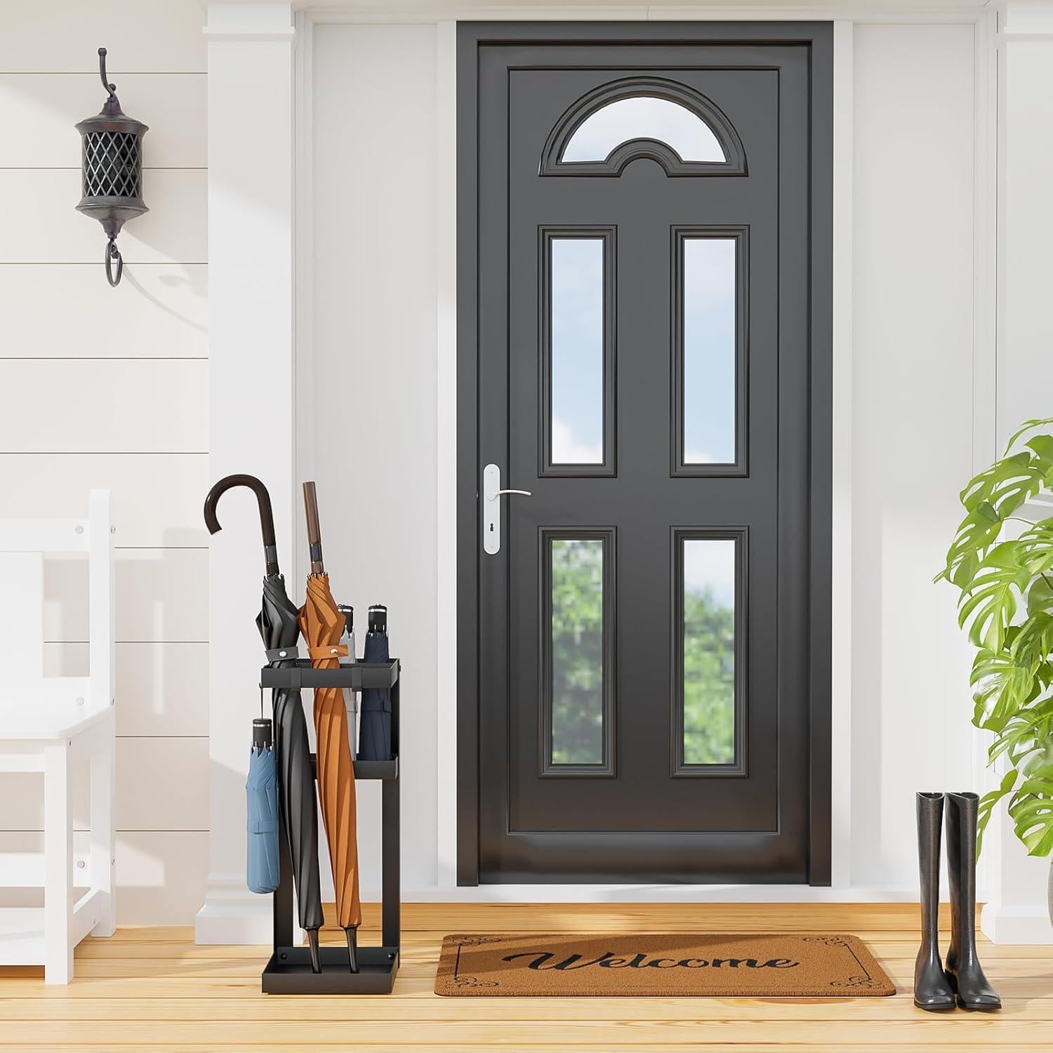 Soporte para Paraguas Kawaiita de Acero Negro con Estante y Ganchos