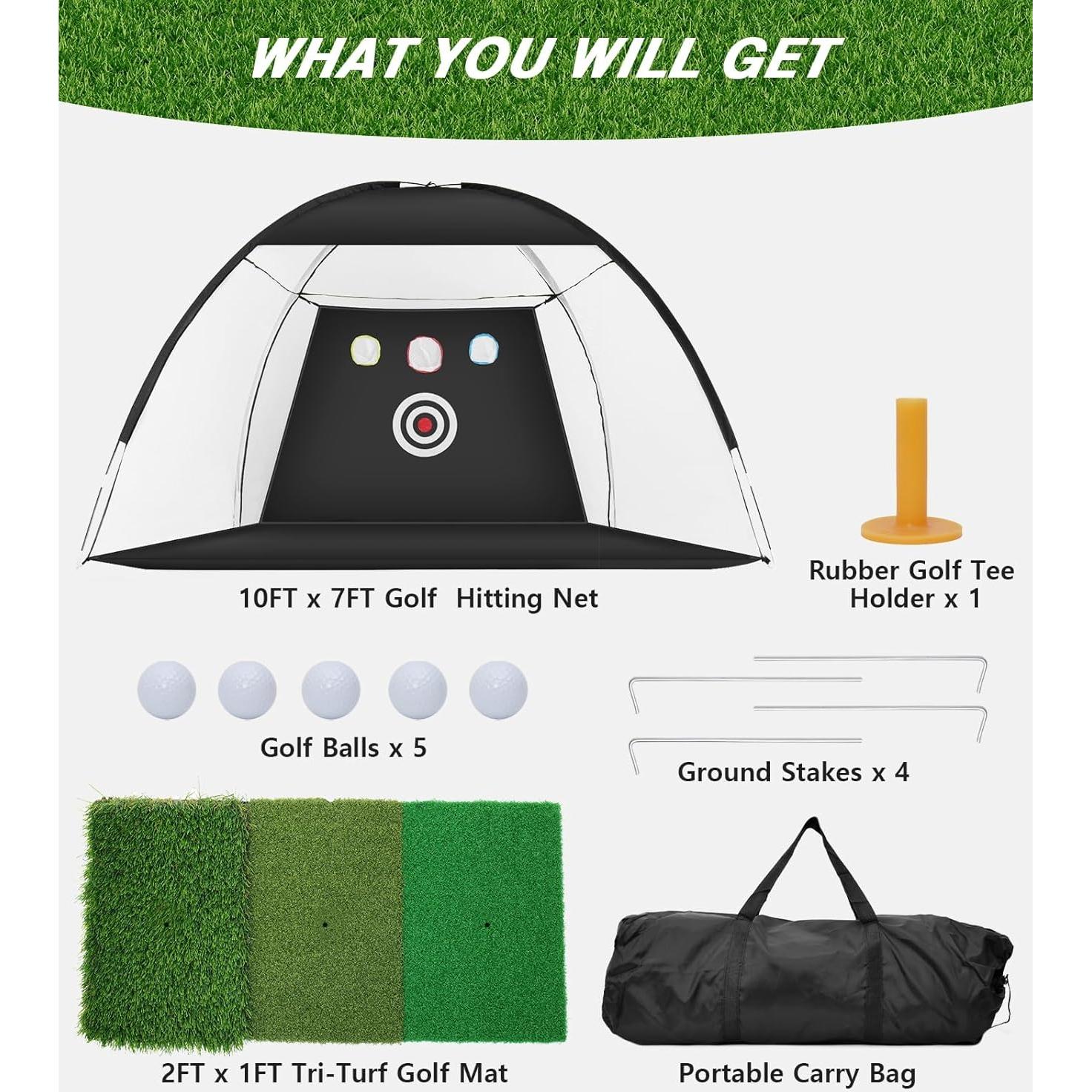 Red de Práctica de Golf TOSOZE 10x7 pies con Alfombrilla y Accesorios