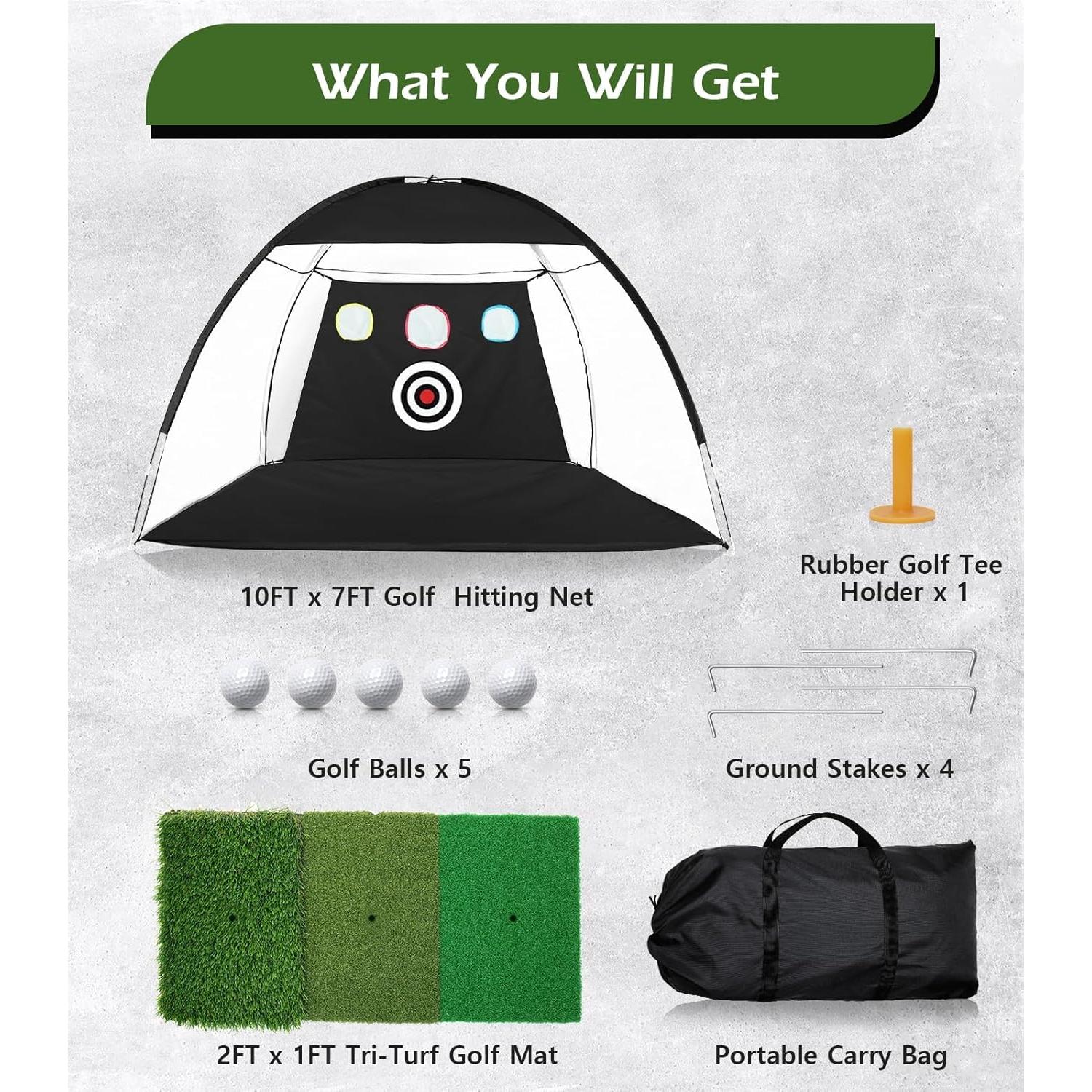Red de Práctica de Golf TOSOZE 10x7 pies con Alfombrilla y Accesorios