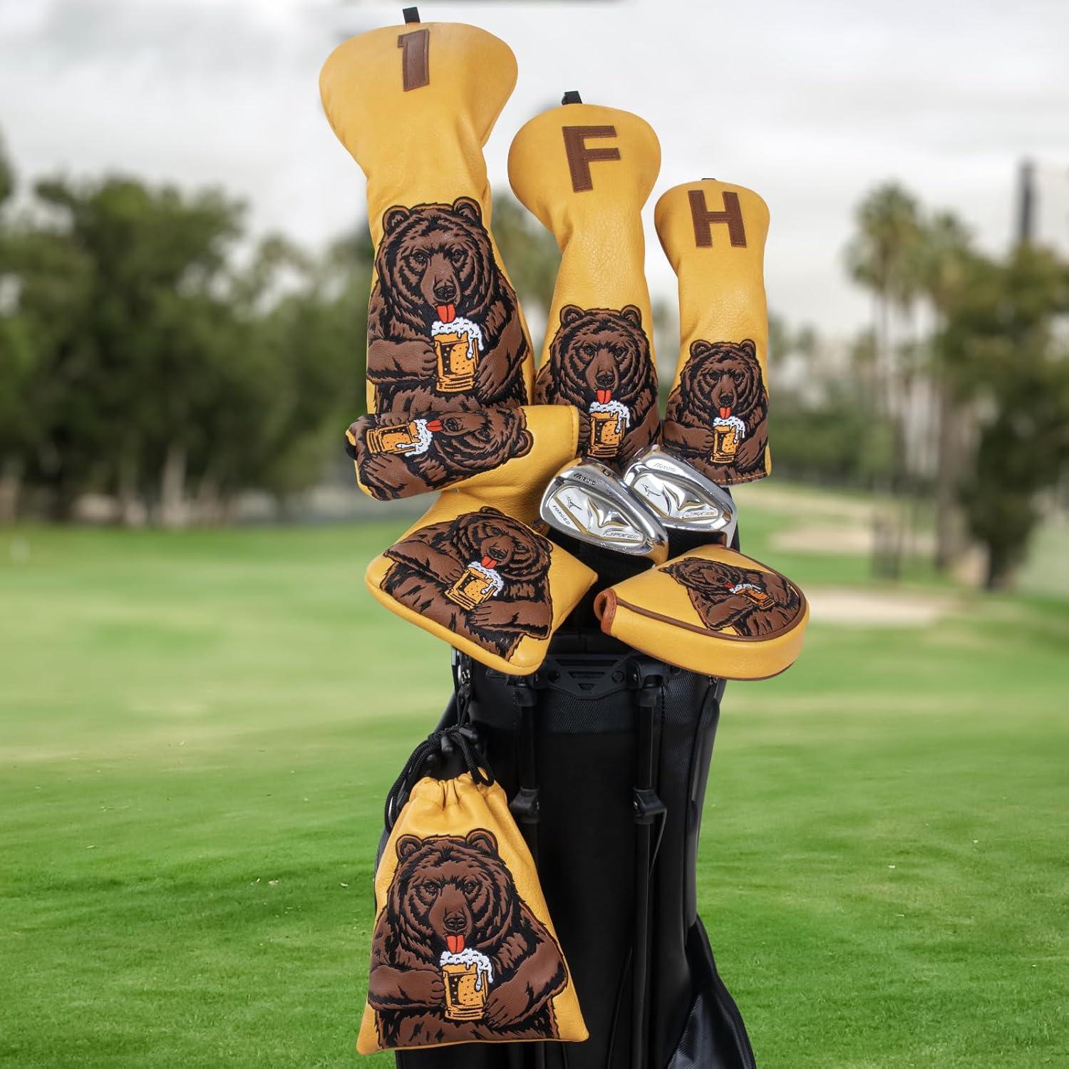 Golf Club Head Cover Golf Head Cover Driver Headcover Fairway Wood Headcover Hybrid Club Head Cover Golf Blade Mallet Putter Cover Beer Bear