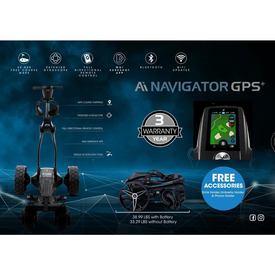 Carrito de Golf Eléctrico MGI Navigator Ai GPS+ - Batería 36 Hoyos