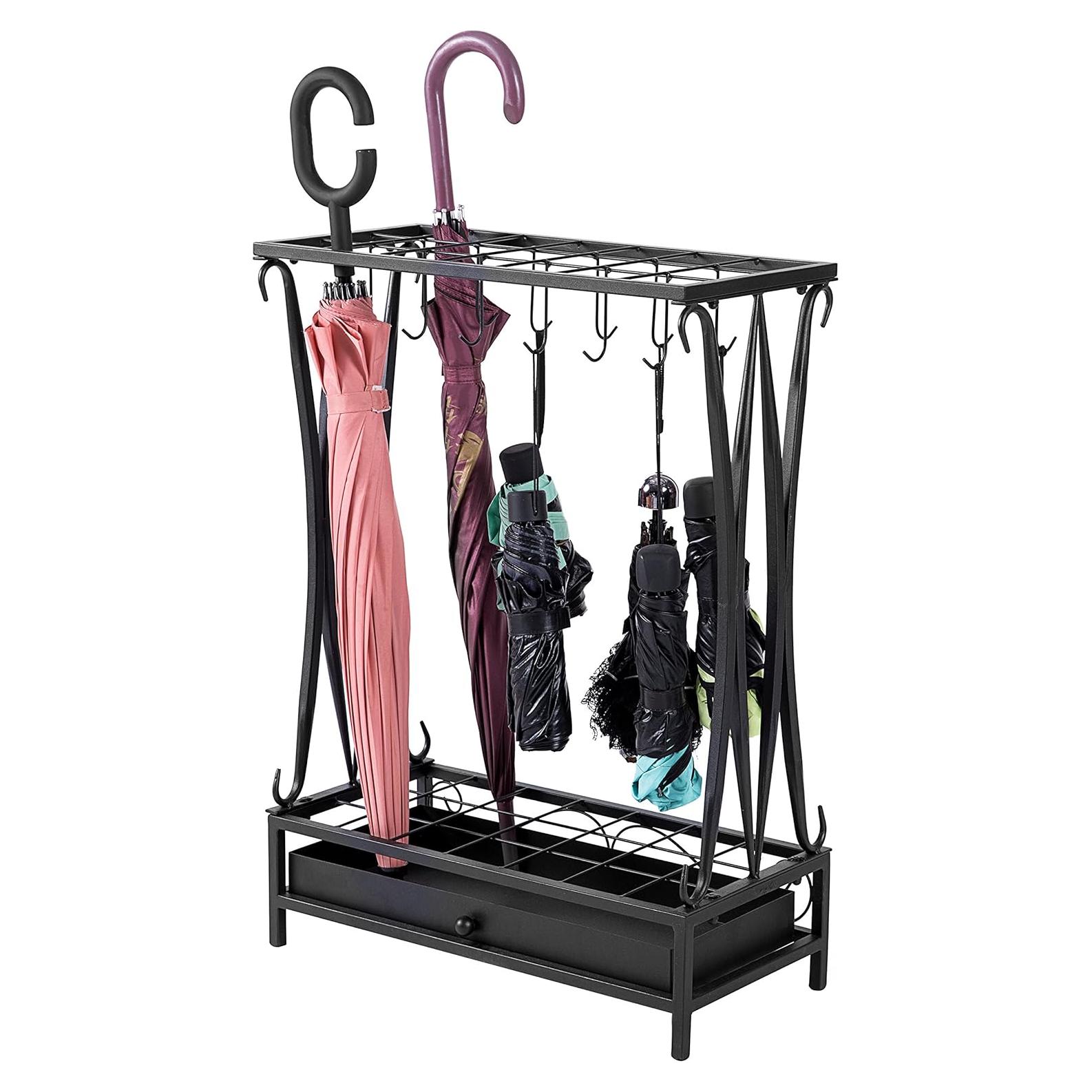 Soporte para Paraguas de Metal Negro MyGift con Bandeja y 21 Ranuras