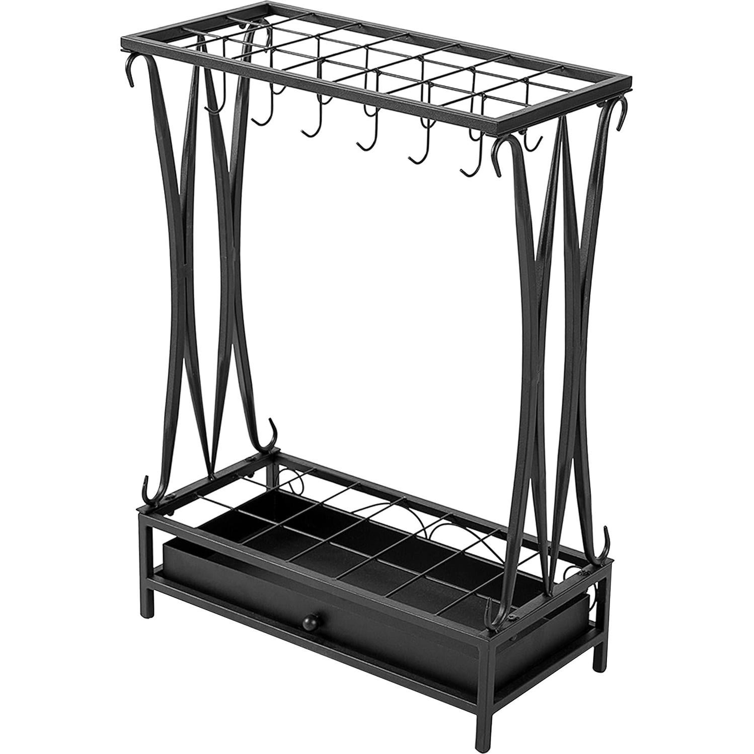 Soporte para Paraguas de Metal Negro MyGift con Bandeja y 21 Ranuras