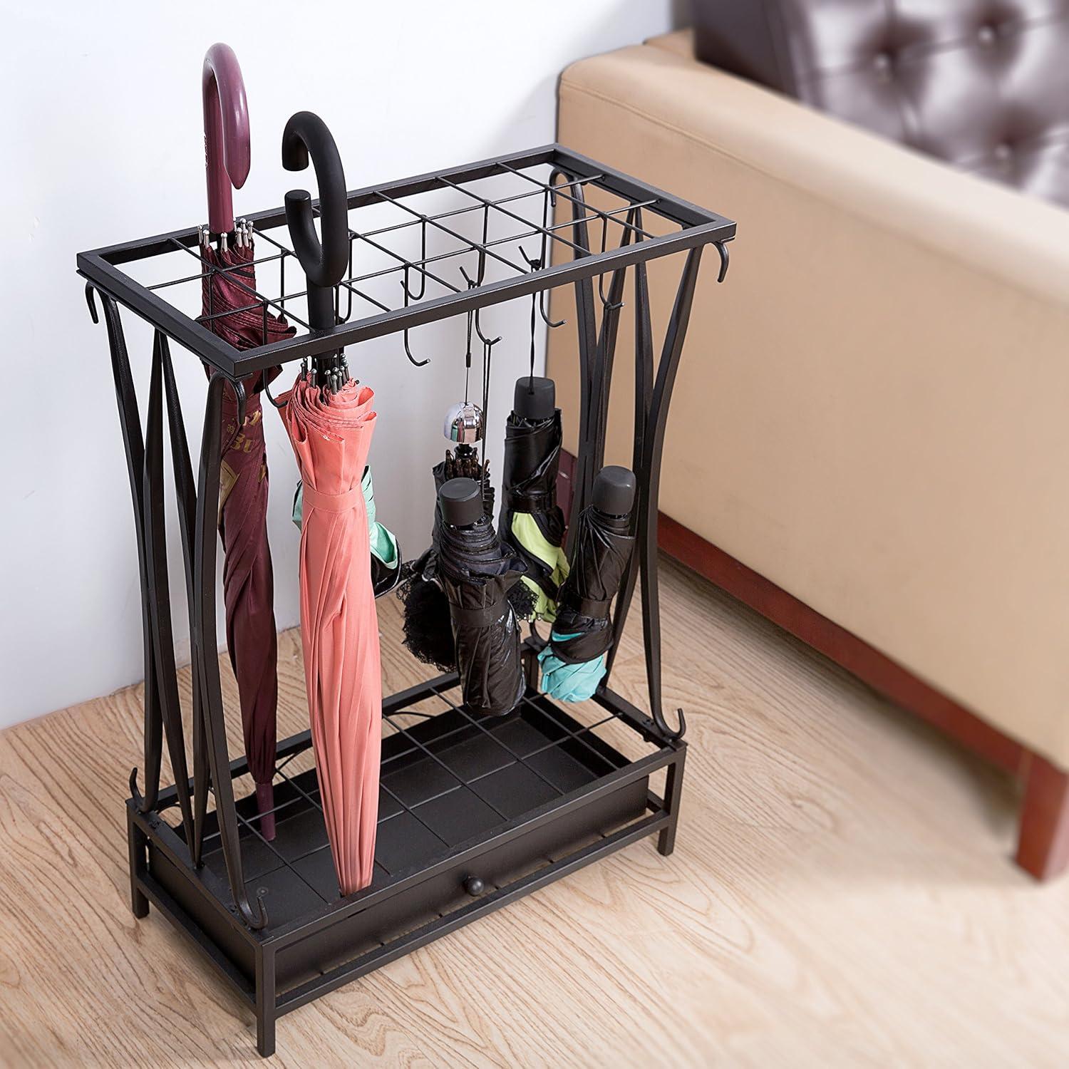 Soporte para Paraguas de Metal Negro MyGift con Bandeja y 21 Ranuras