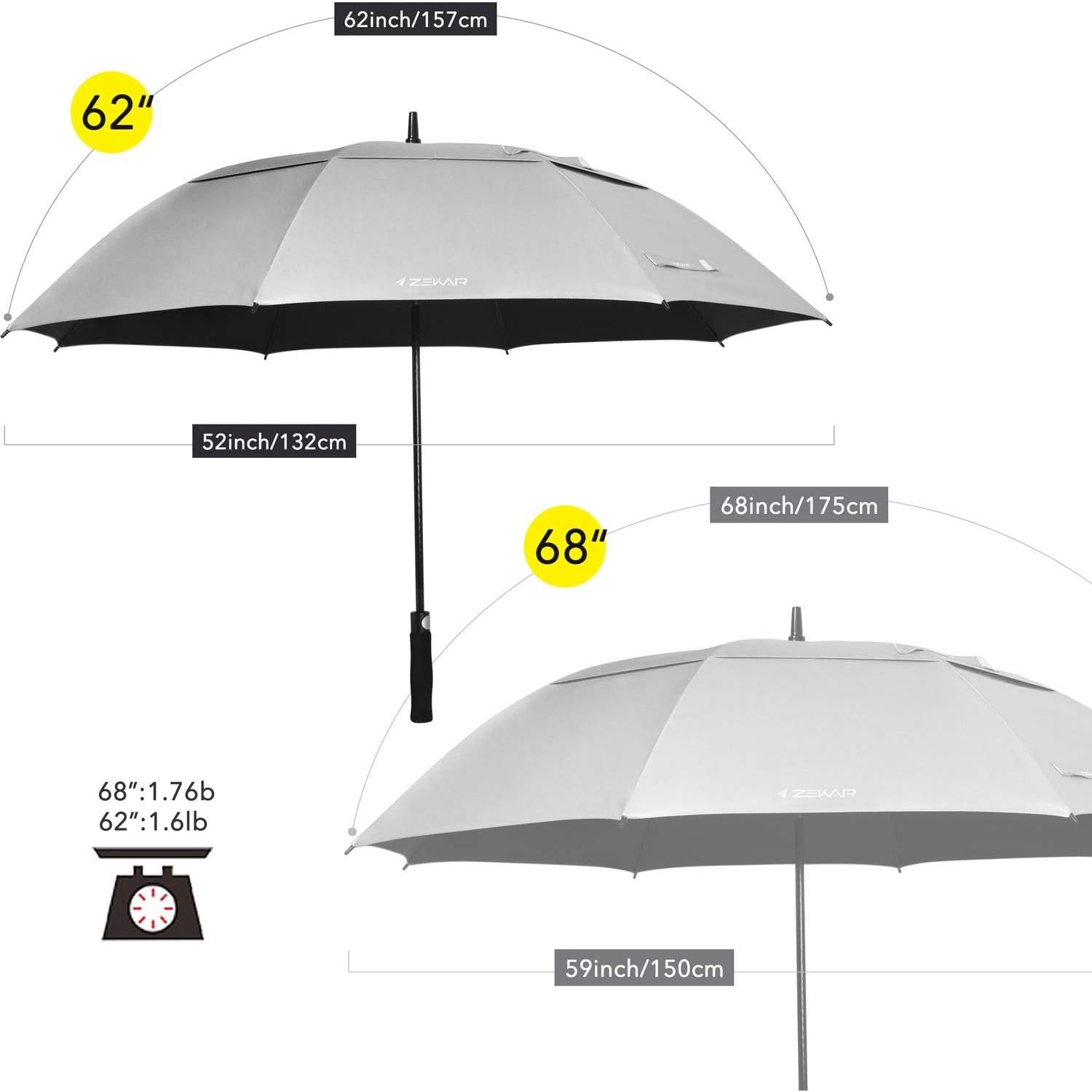 Paraguas de Golf ZEKAR 137 cm Ventilado UPF 50+ Plata