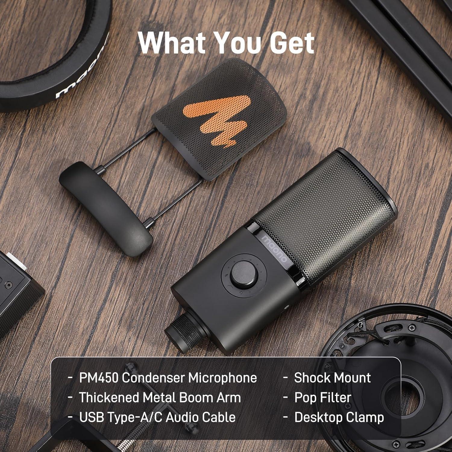 Micrófono de Condensador USB MAONO PM450S con Soporte y Control