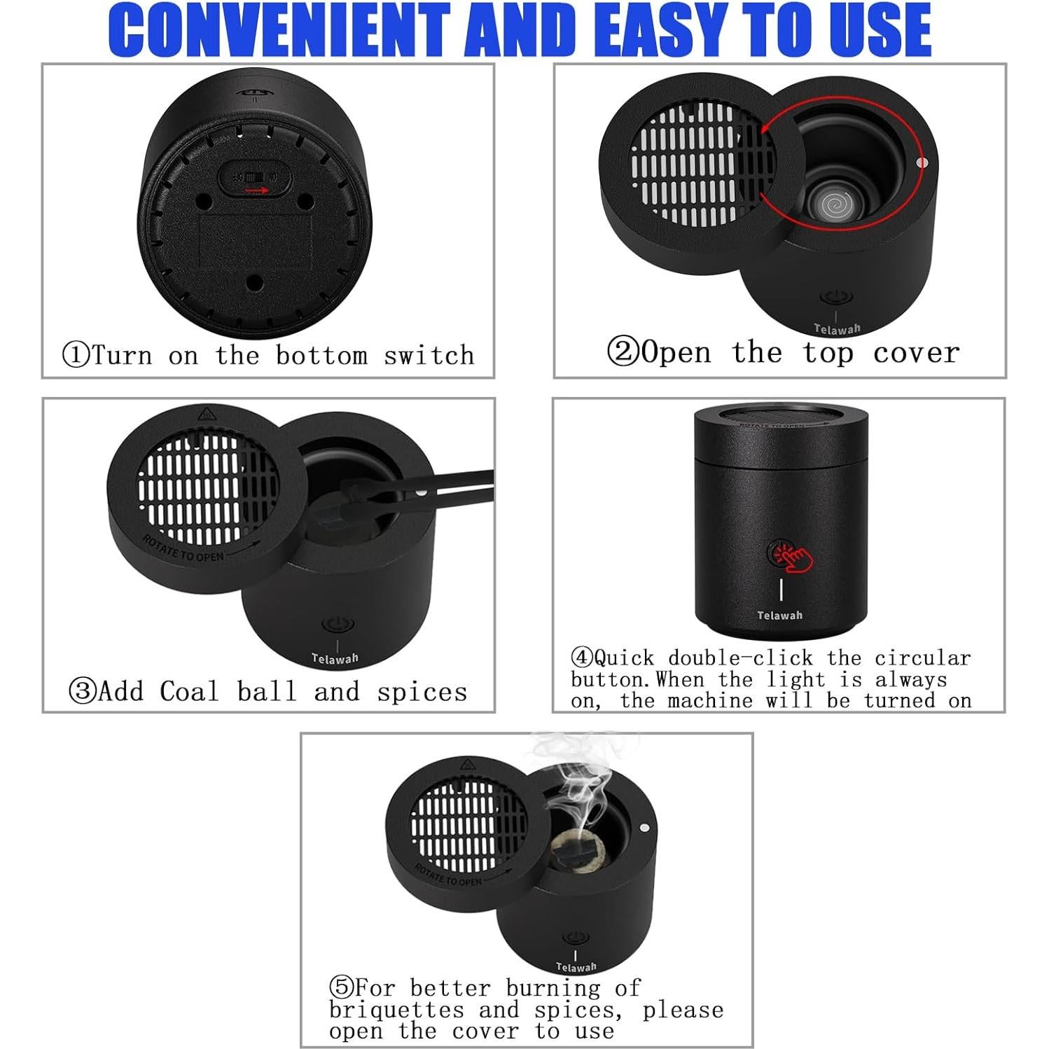 Quemador de Incienso Eléctrico Telawah Portátil USB Negro