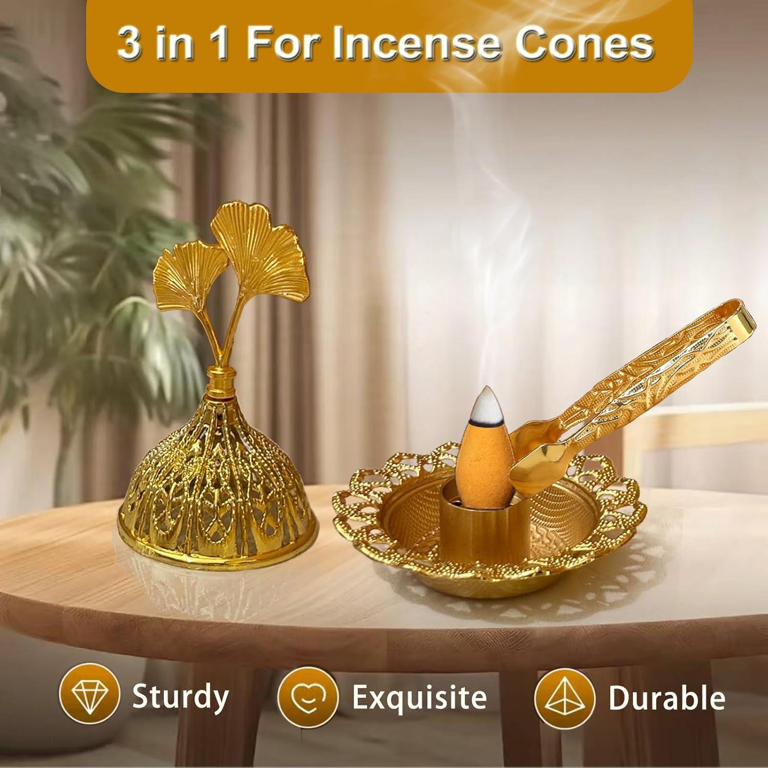 Soporte de Incienso Majewel Ginkgo Ovalado de Latón 3 en 1