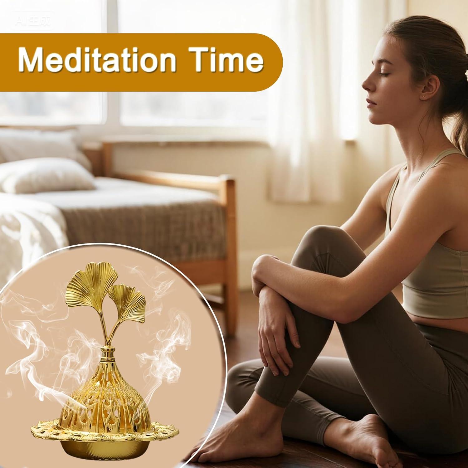 Soporte de Incienso Majewel Ginkgo Ovalado de Latón 3 en 1