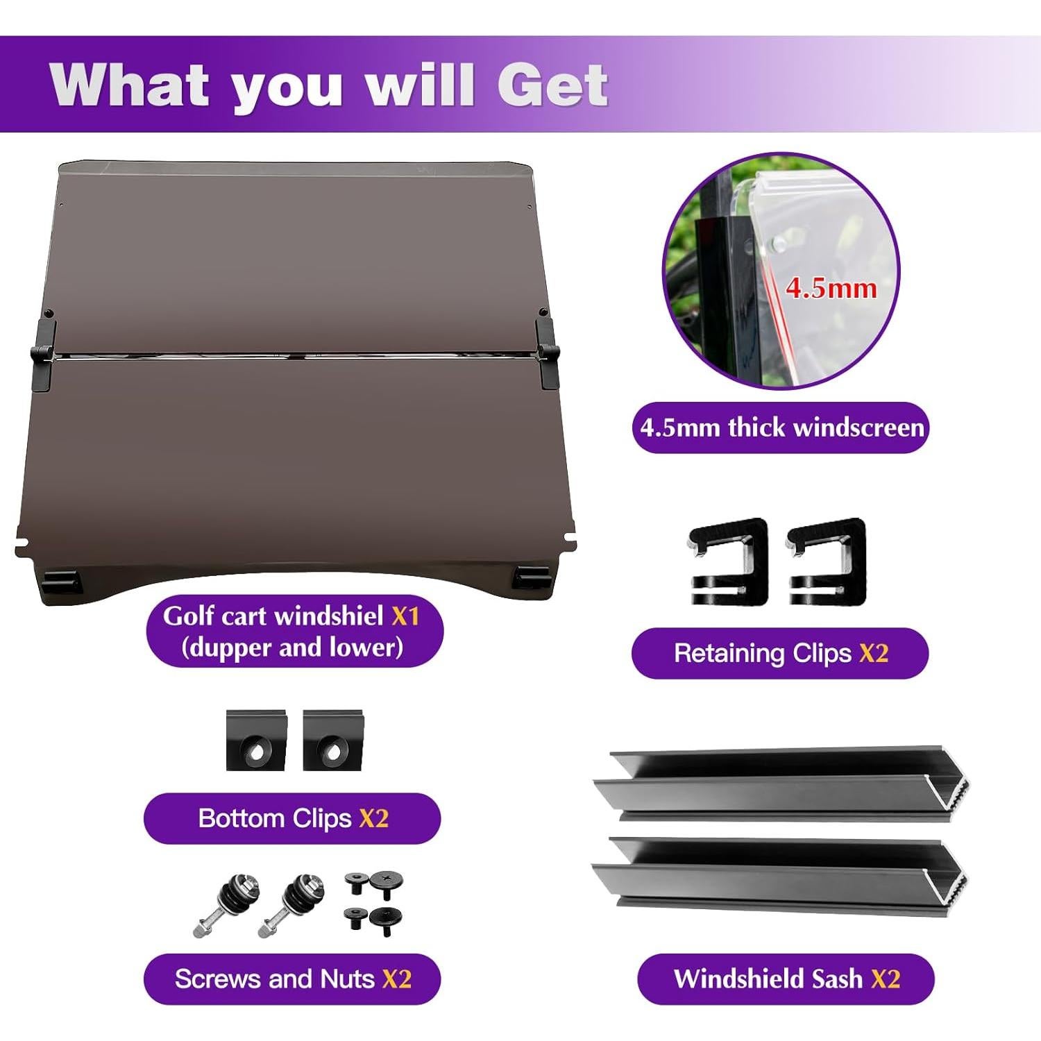 Parabrisas Tinteado 4.5mm PZWLI para Carro de Golf Club Car 2004-Up