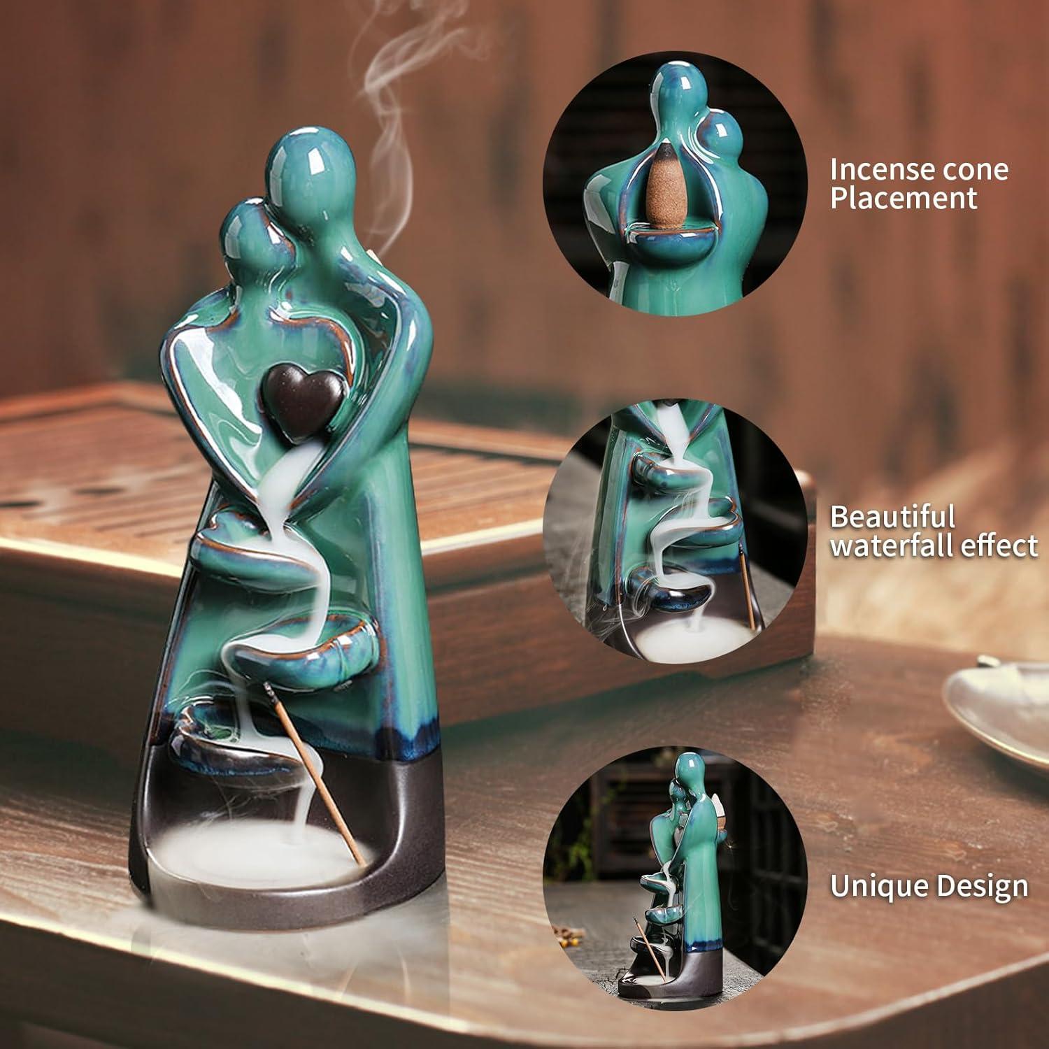 Soporte de Incienso de Retroceso YYW Cerámico Amantes Abrazados con 20 Conos y 30 Varitas