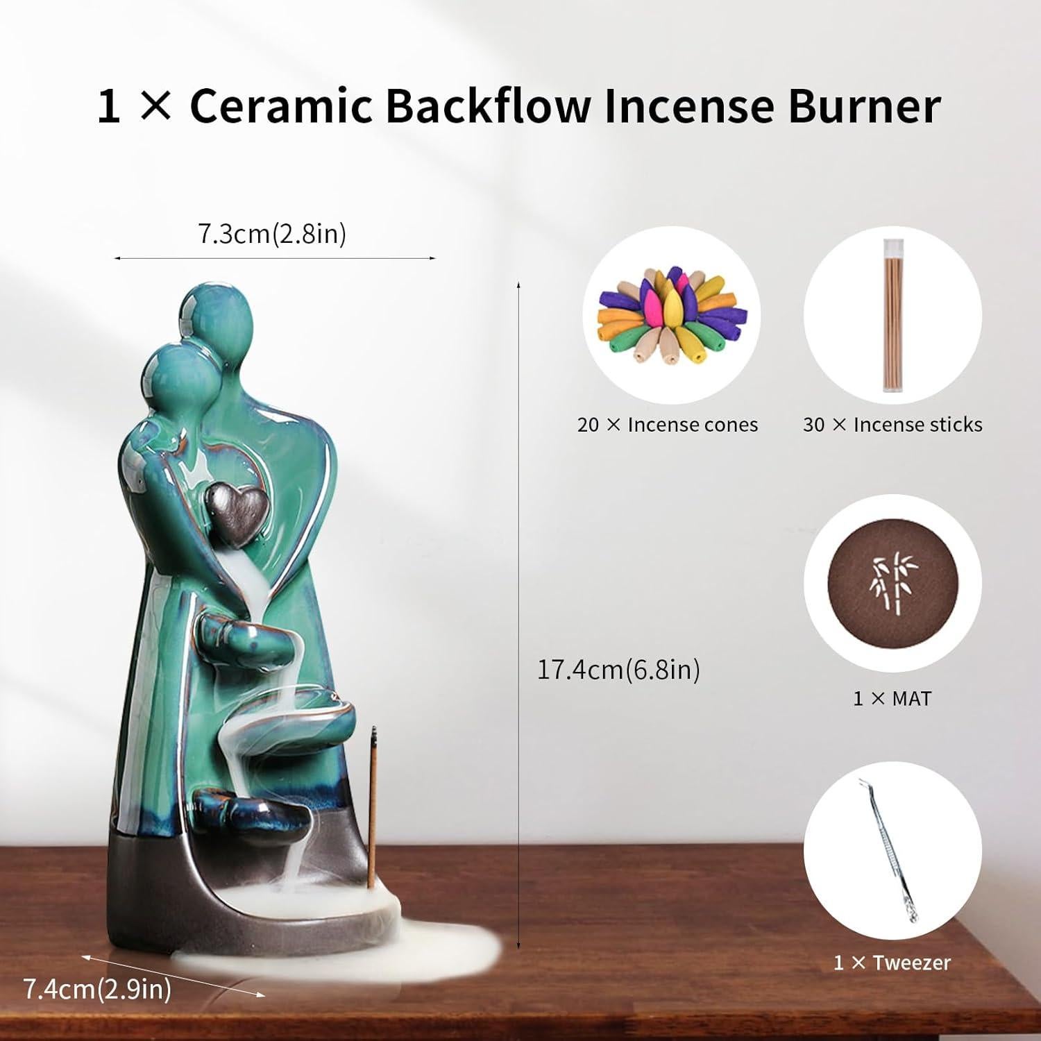 Soporte de Incienso de Retroceso YYW Cerámico Amantes Abrazados con 20 Conos y 30 Varitas