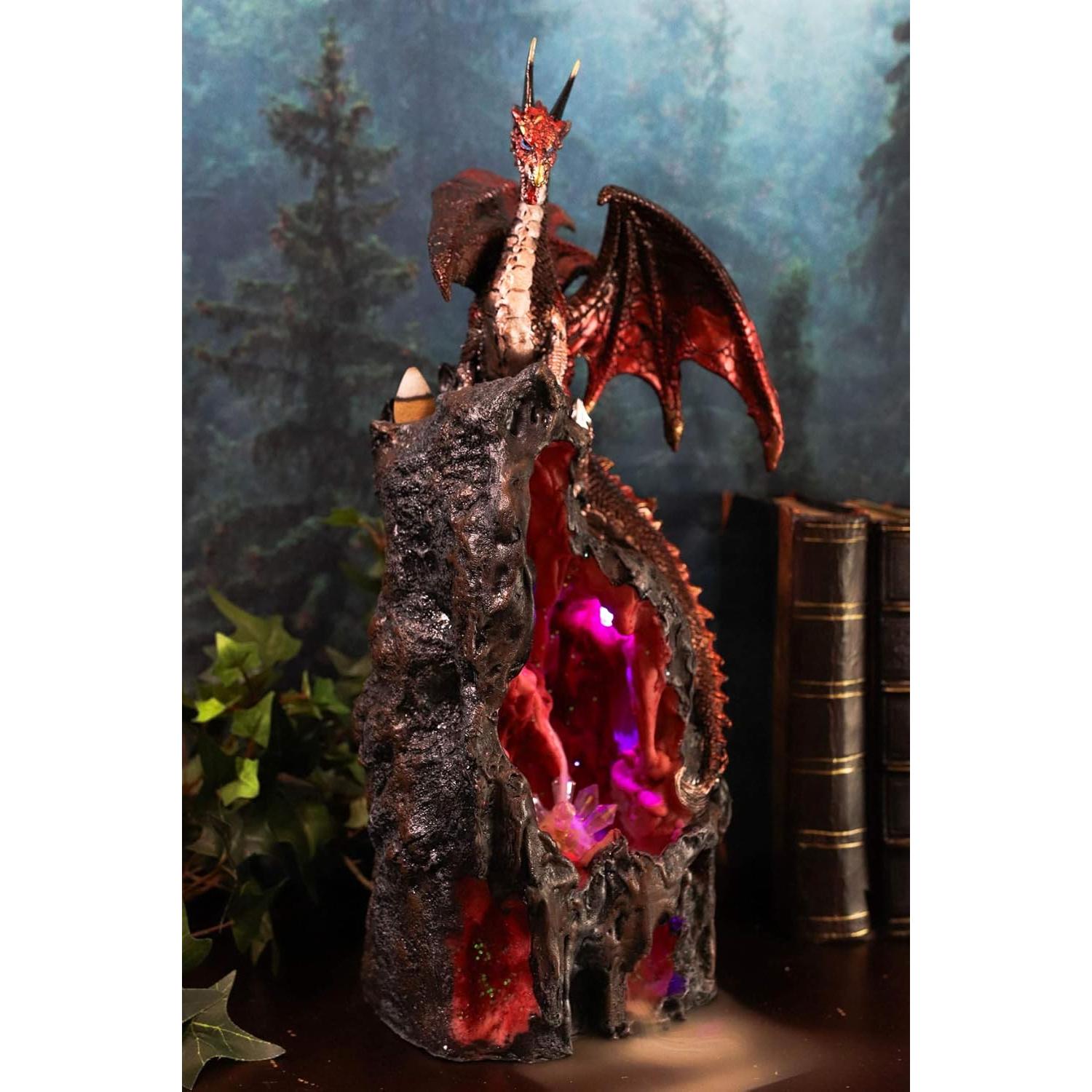 Estatua Dragón Rojo Ebros 33 cm con Incienso y LED