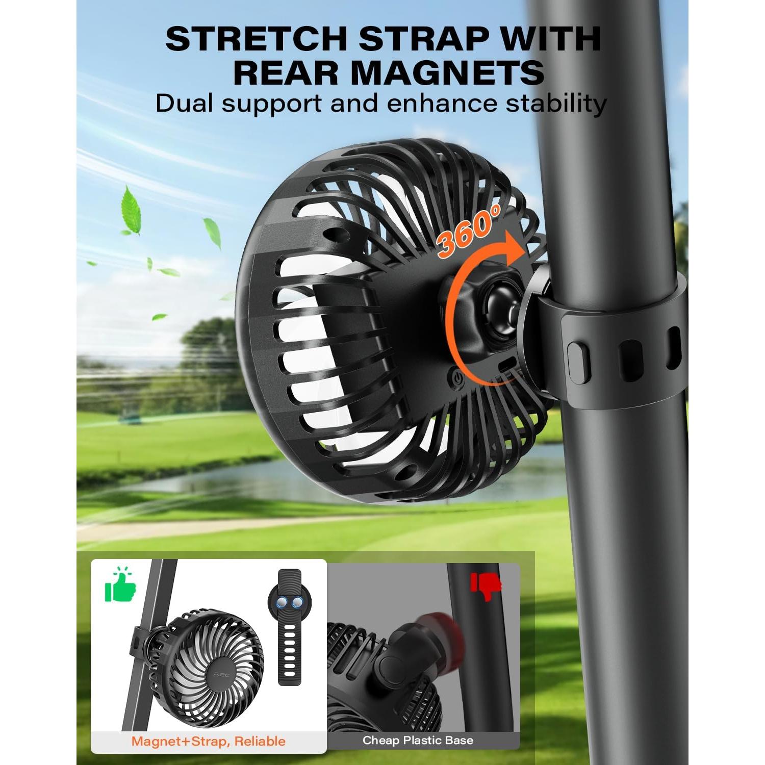 Ventilador Recargable A2C para Carro de Golf 4000mAh 3 Velocidades