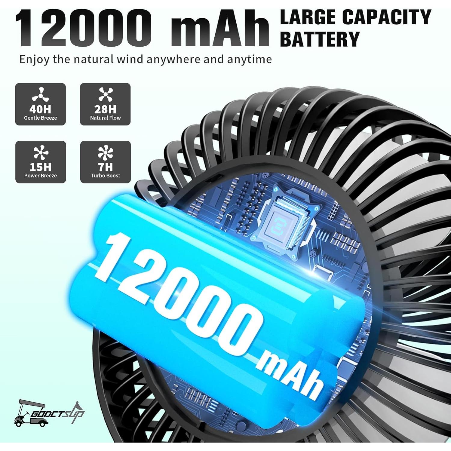 Ventilador de Carrito de Golf GODCTSUP 12000mAh Portátil con Luz LED