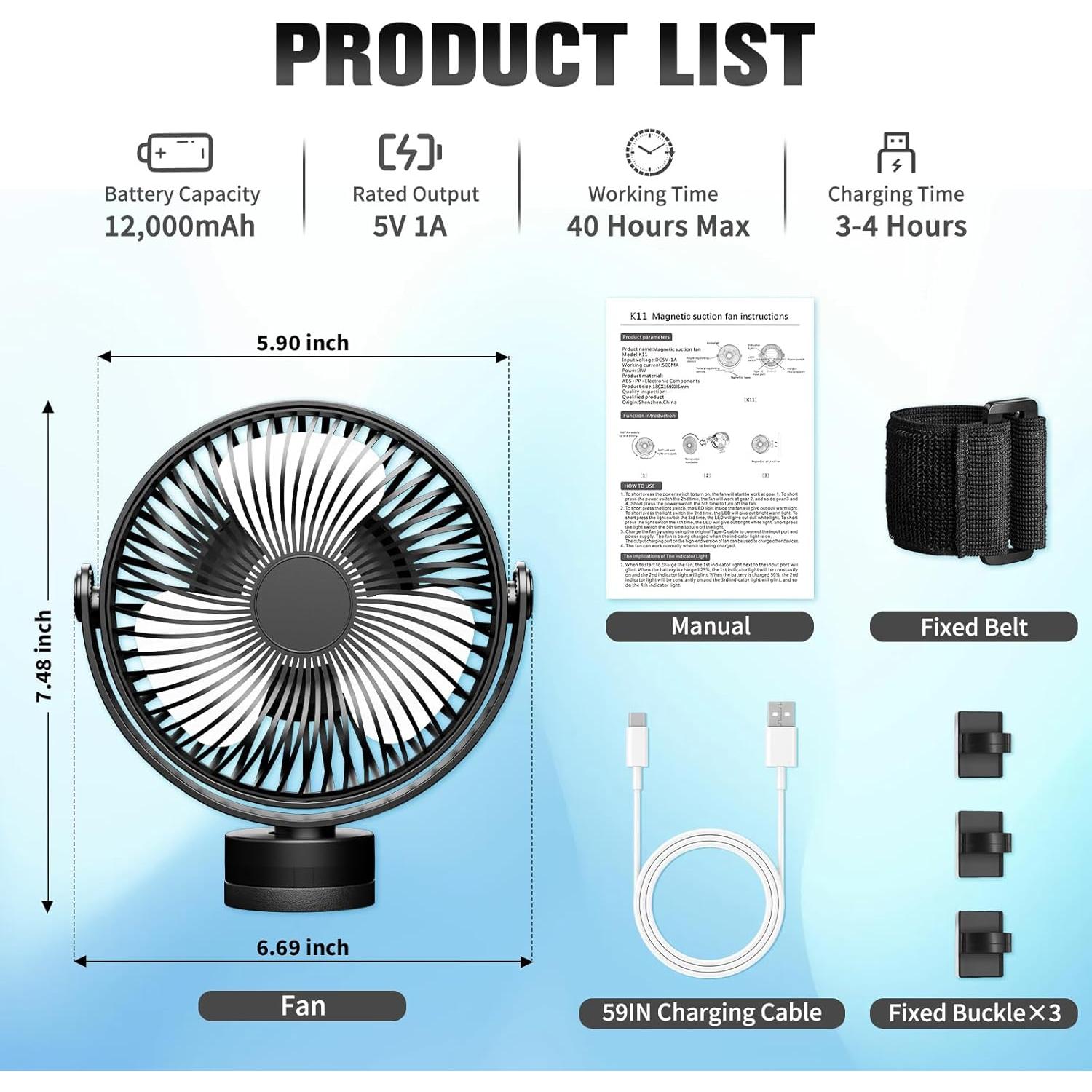Ventilador de Carrito de Golf GODCTSUP 12000mAh Portátil con Luz LED