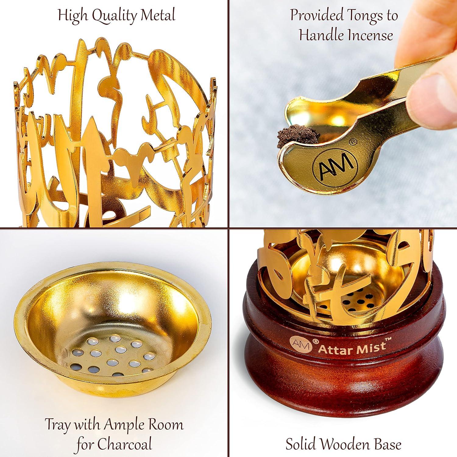 Quemador de Incienso AM Bakhoor Caligrafía Oro - Base de Madera