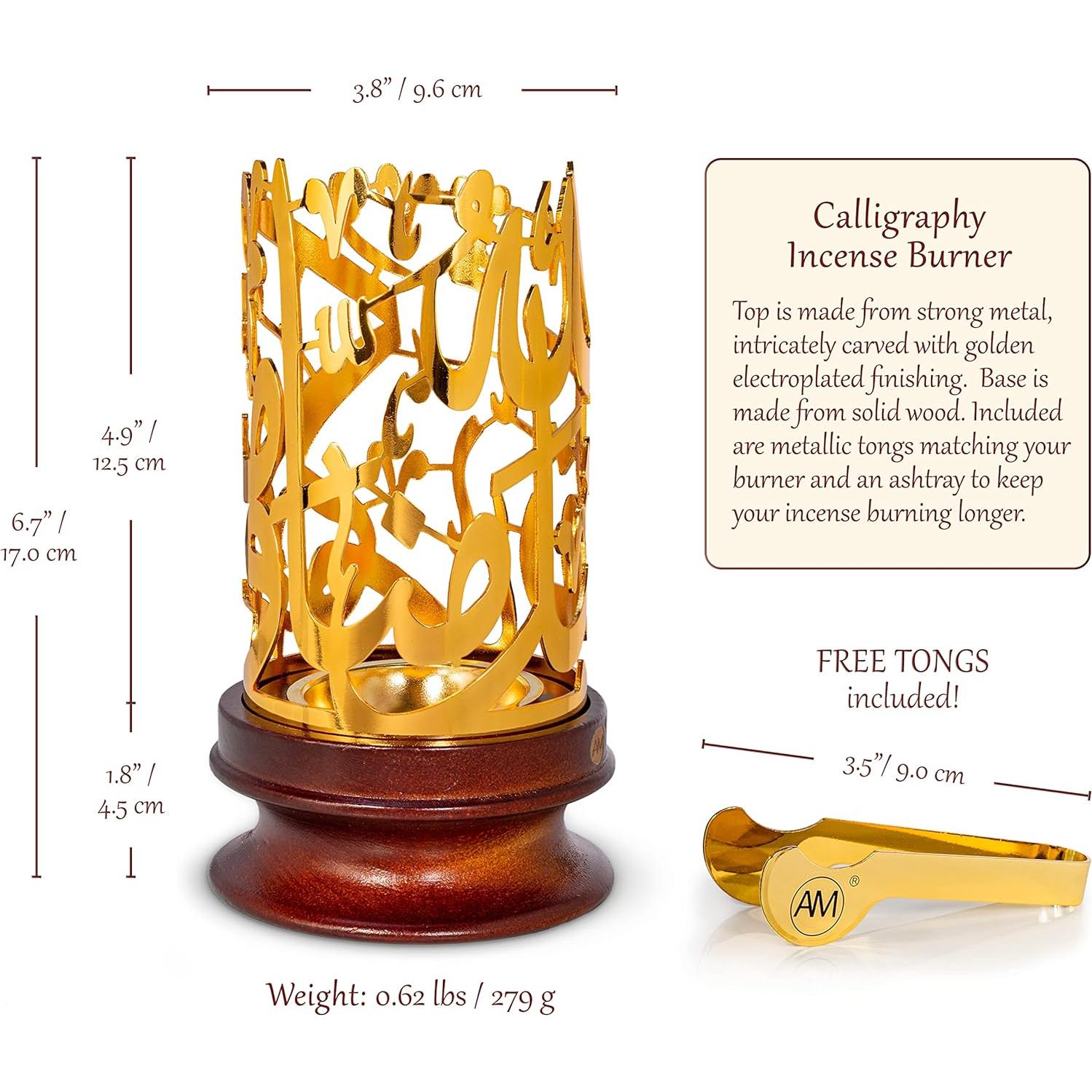 Quemador de Incienso AM Bakhoor Caligrafía Oro - Base de Madera