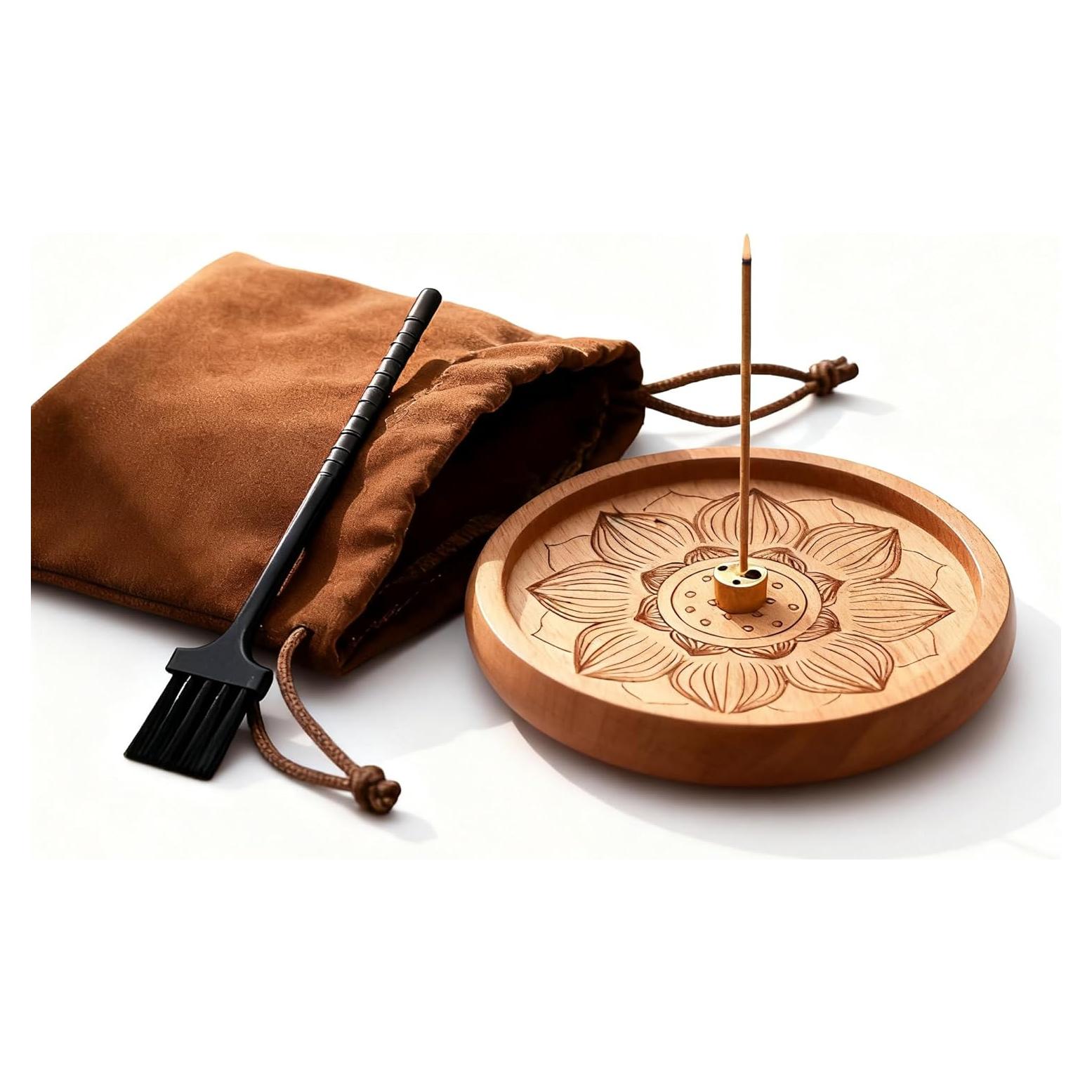 Quemador de Incienso Redondo Madera de Haya con Flor de Loto
