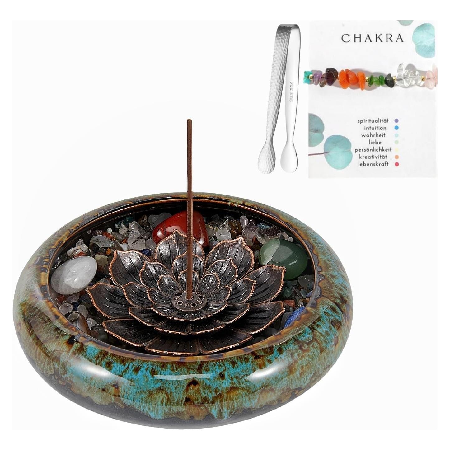 Quemador de Incienso Cerámica Azul MYMYYT con Soporte Loto