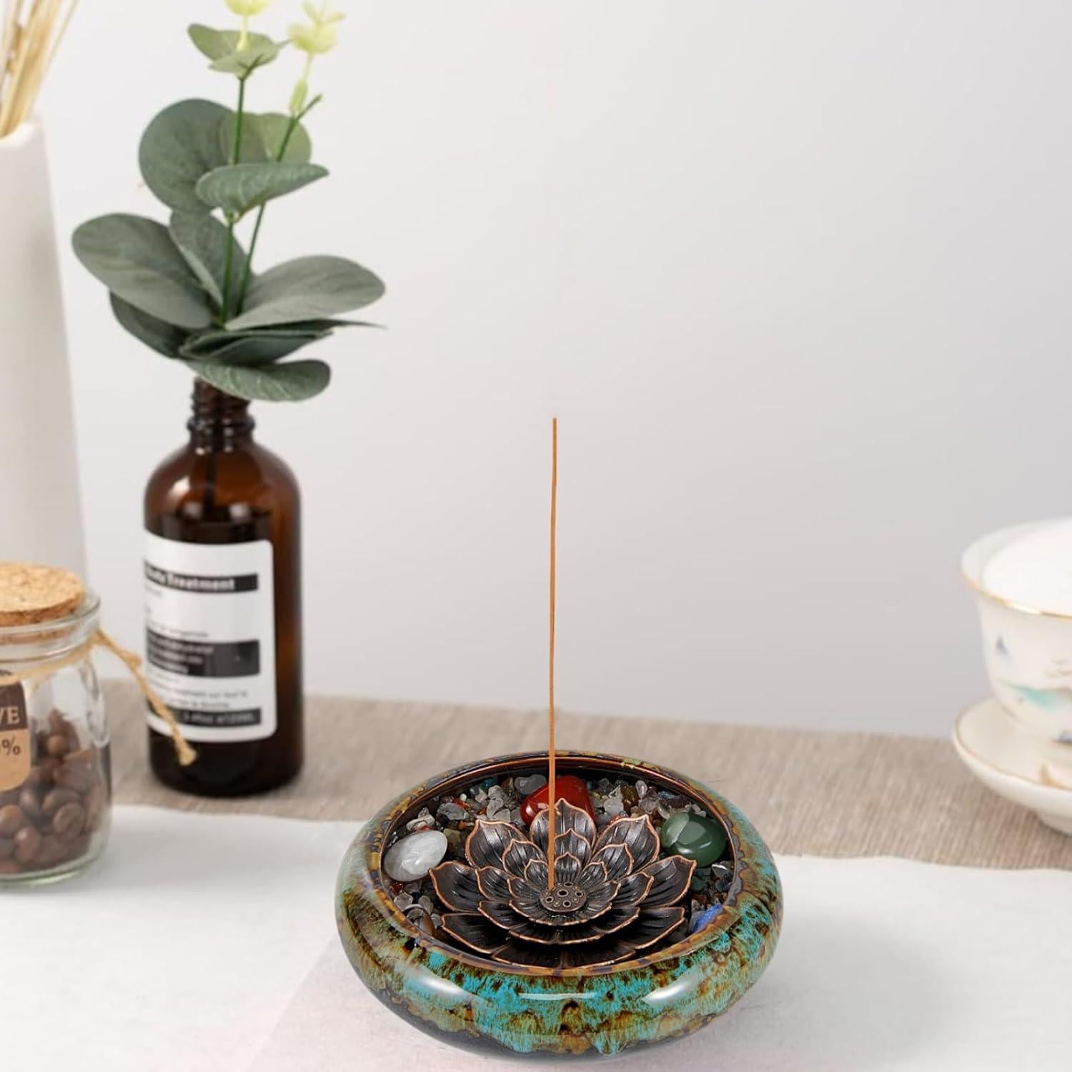 Quemador de Incienso Cerámica Azul MYMYYT con Soporte Loto