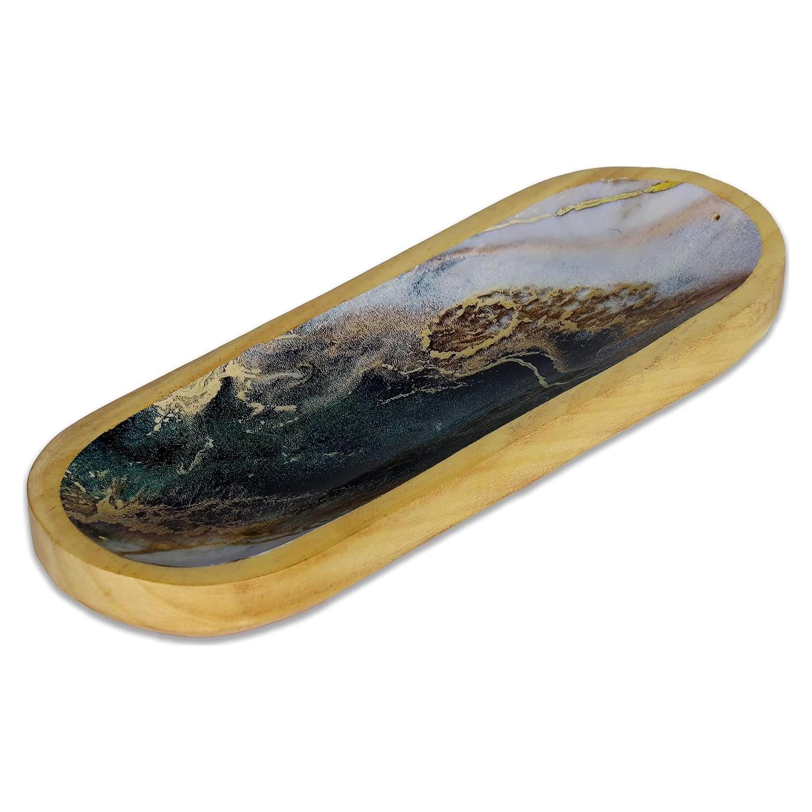 Soporte de Incienso Yajna de Madera Ágata Verde Blanca
