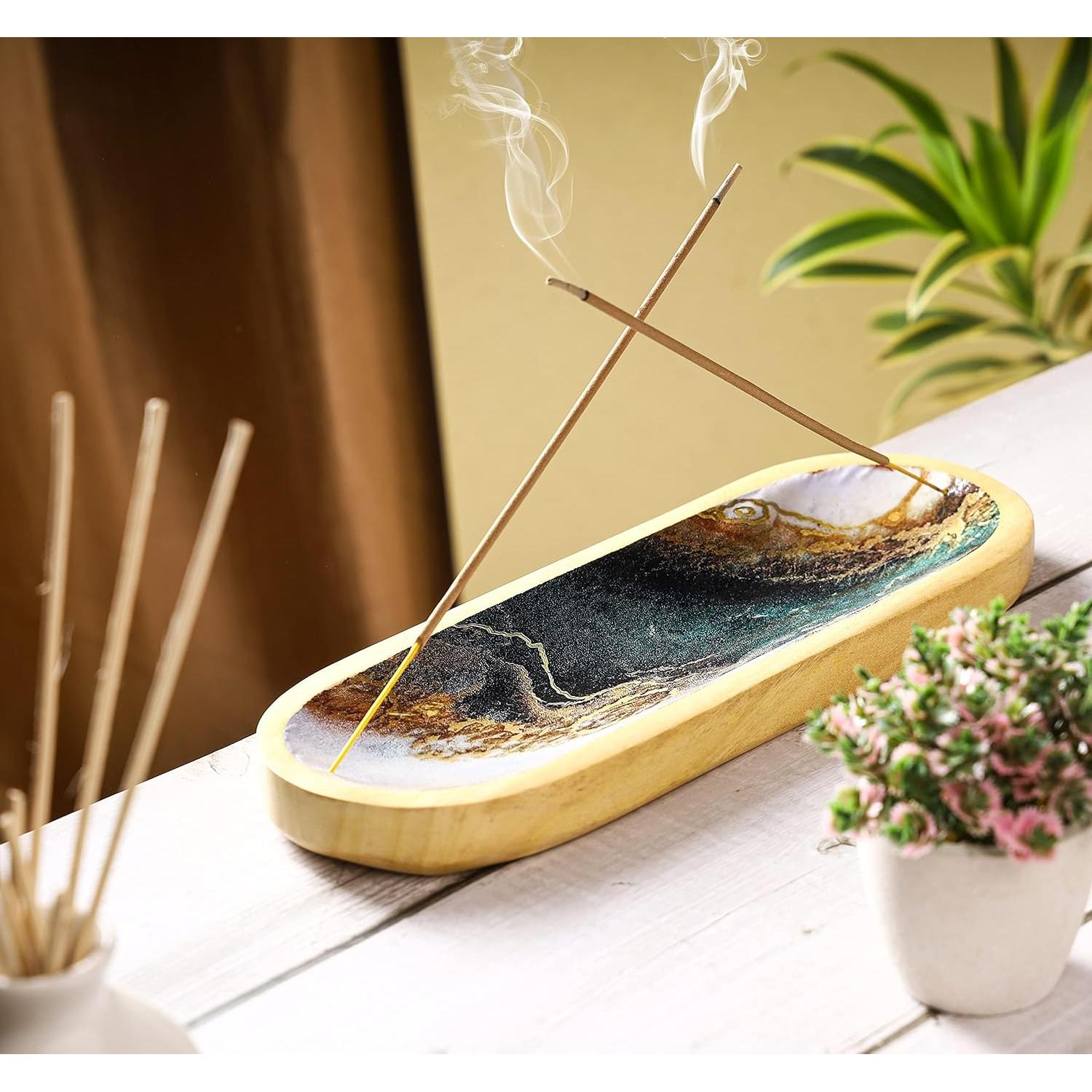 Soporte de Incienso Yajna de Madera Ágata Verde Blanca