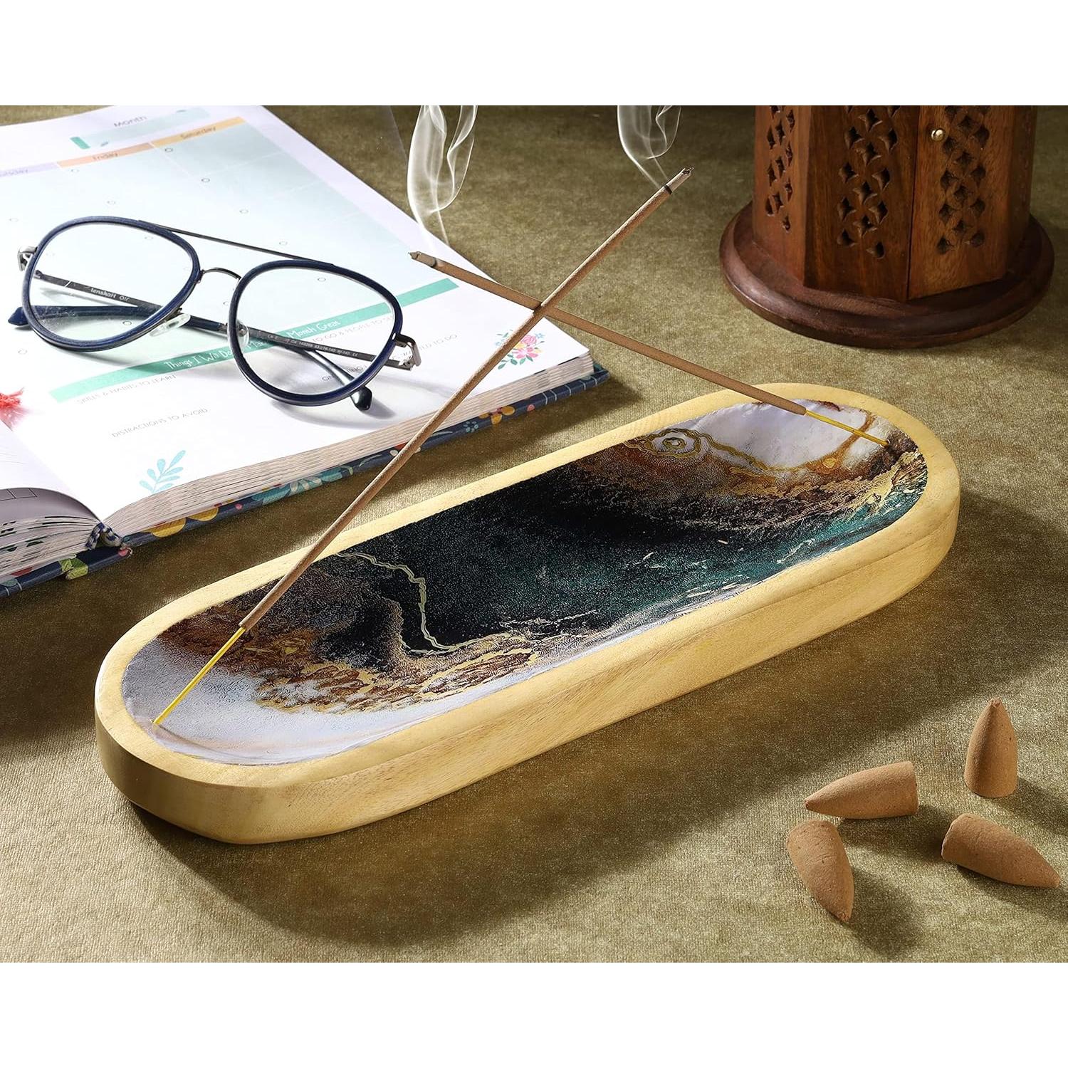 Soporte de Incienso Yajna de Madera Ágata Verde Blanca