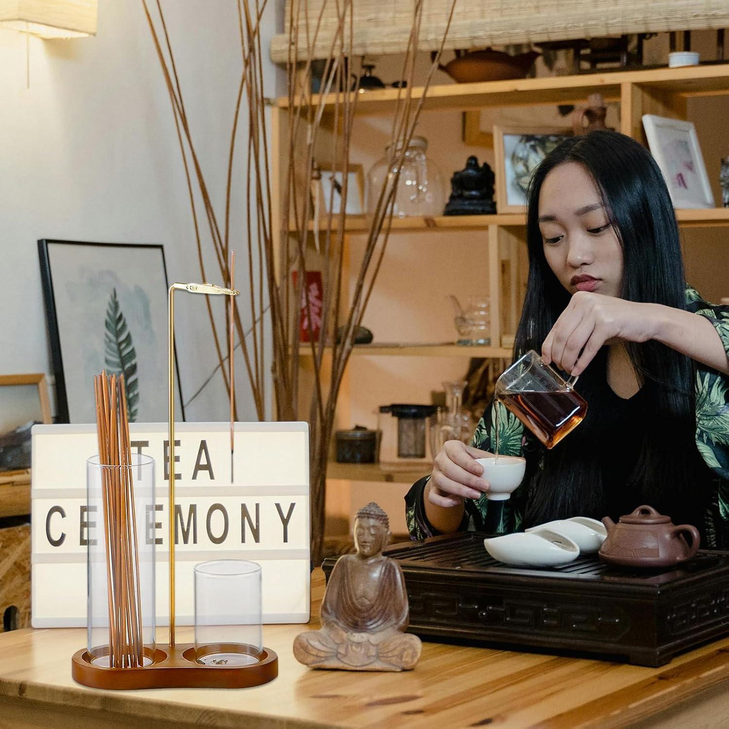 Soporte de Incienso de Madera YIENENG con Recolector de Vidrio