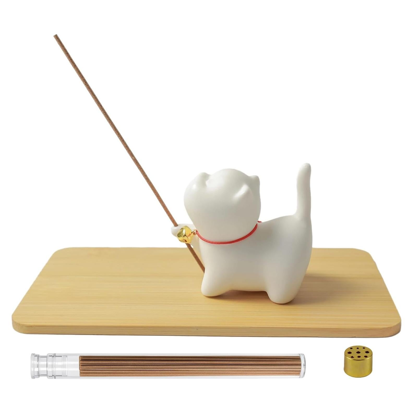 Soporte de Incienso Gato Cerámica Gopu con Alfombrilla y Varitas