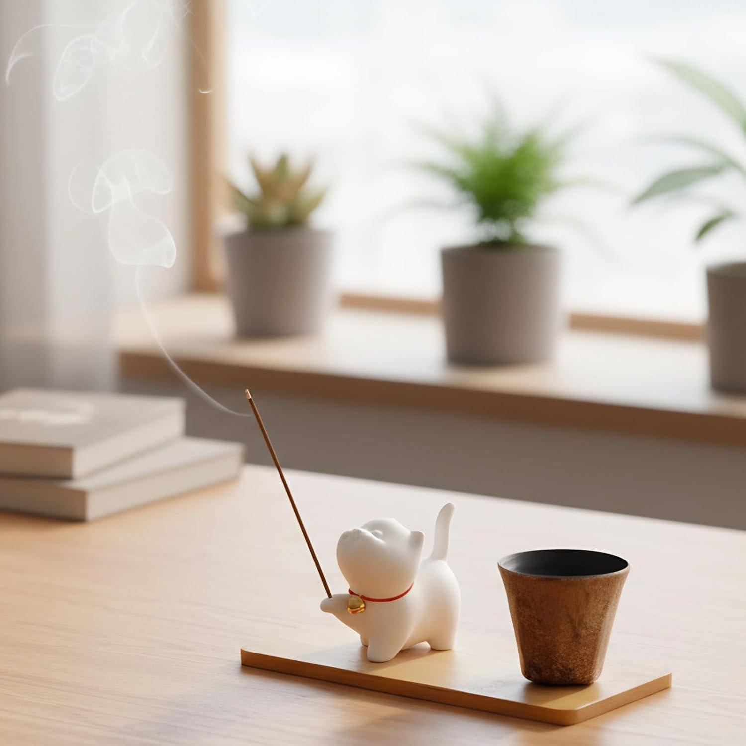 Soporte de Incienso Gato Cerámica Gopu con Alfombrilla y Varitas