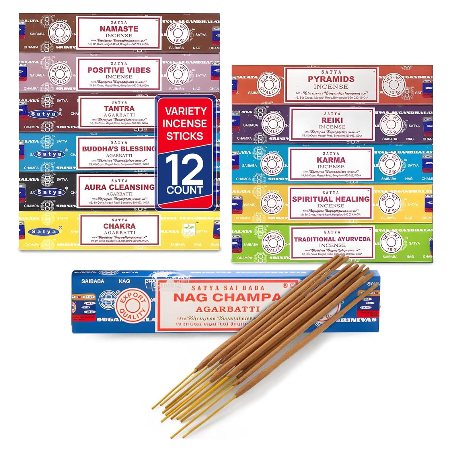 Varitas de Incienso Satya - Paquete de 12 Aromas Tradicionales