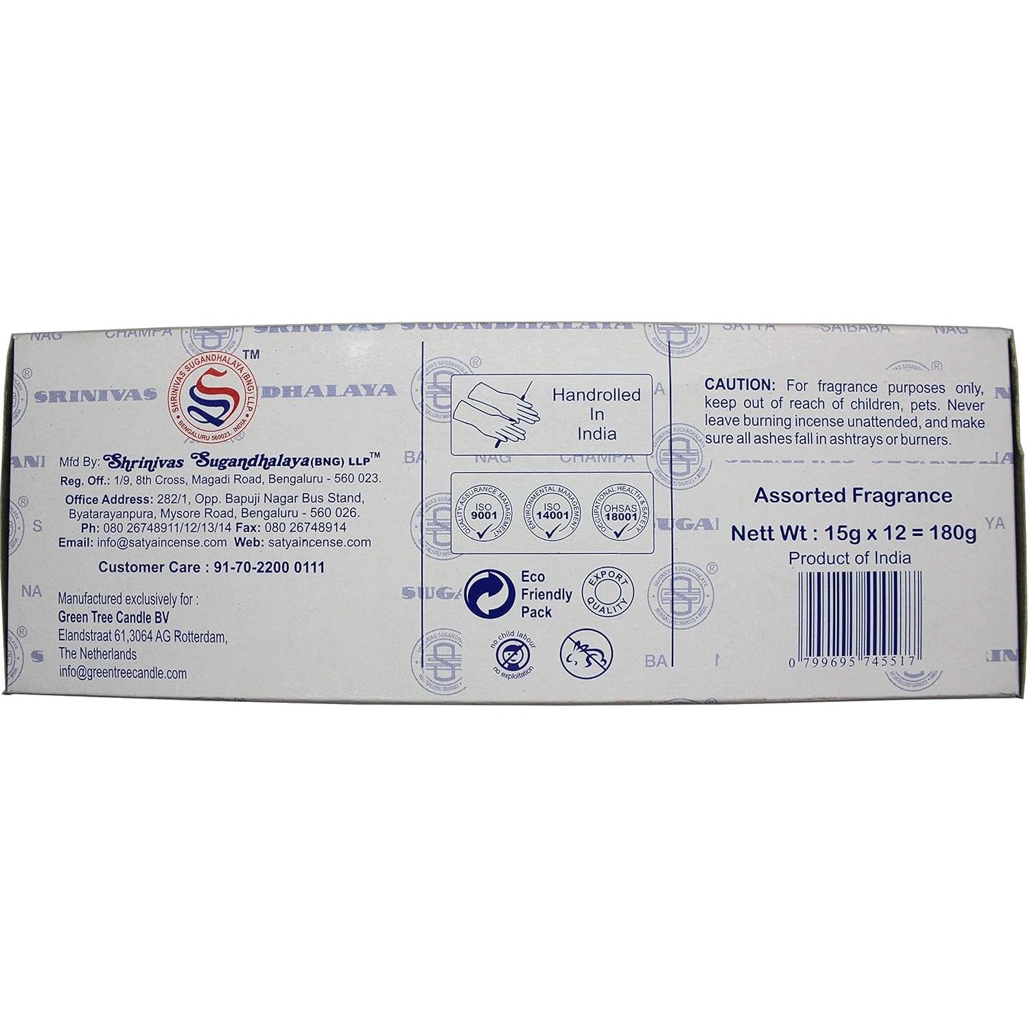 Varitas de Incienso Satya - Paquete de 12 Aromas Tradicionales