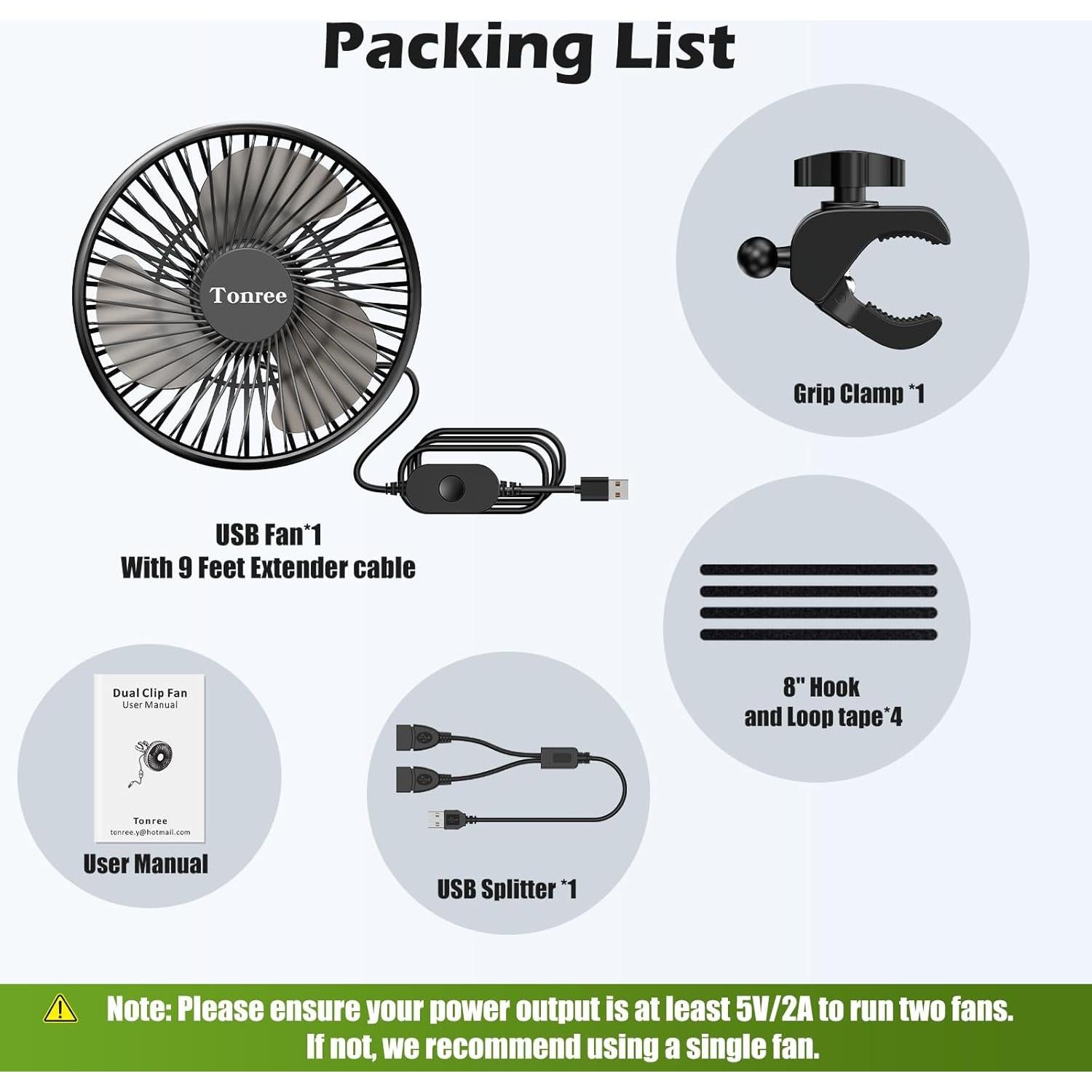 Ventilador Clip USB Portátil Tonree 3700 RPM 3 Velocidades