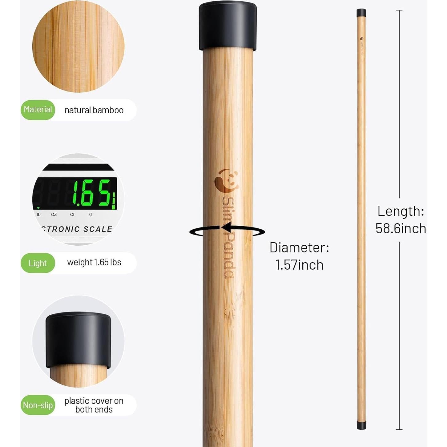 Bastón de Yoga Slim Panda 1.52m Bambú Natural Antideslizante