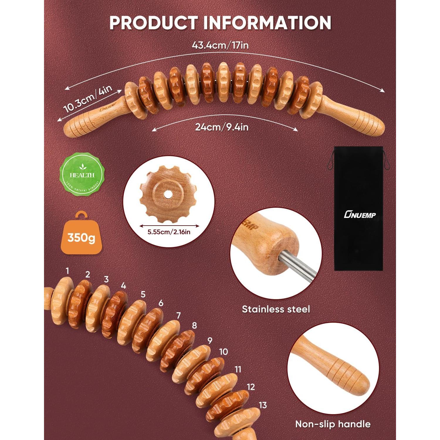 Kit de Masaje de Madera ONUEMP - Rodillo y Bastón para Drenaje Linfático