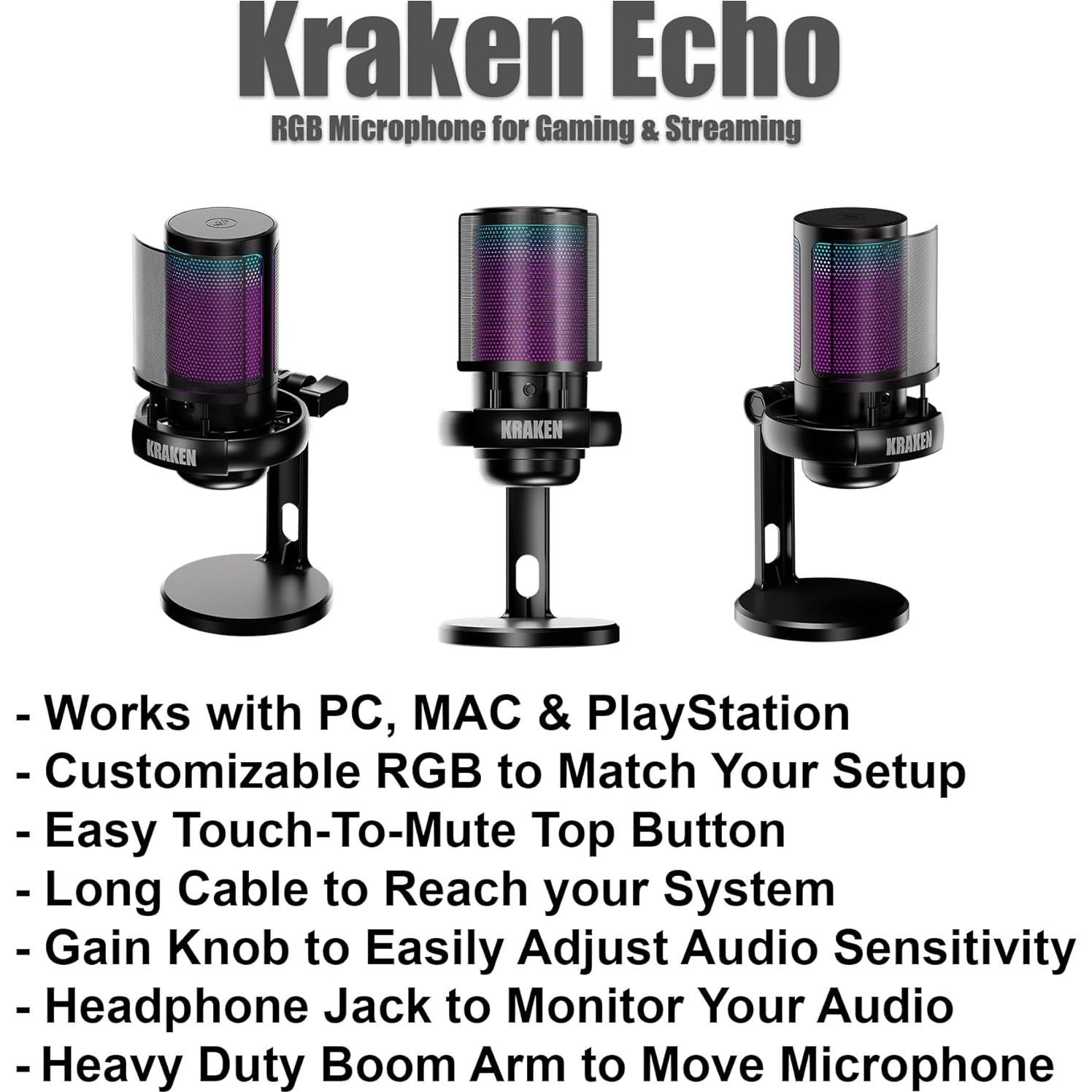 Micrófono USB Kraken Echo RGB para PC y PS5 - Silencio Táctil