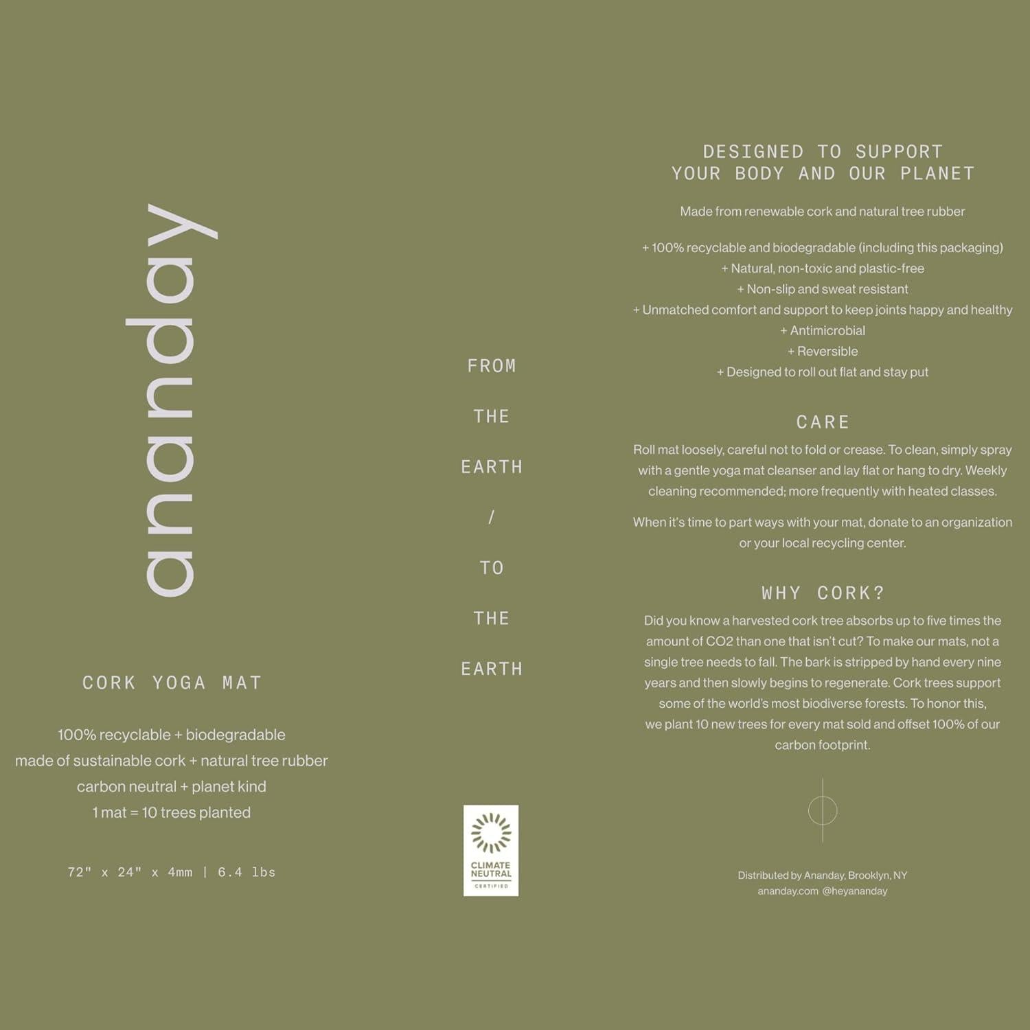 Esterilla de Yoga de Corcho ANANDAY 182.88x60.96cm Antideslizante