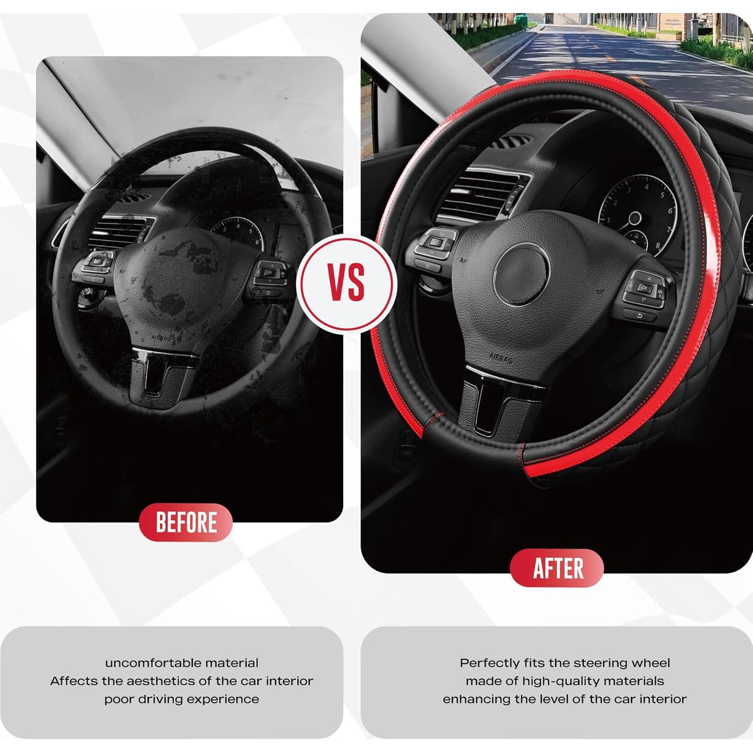 Cubierta de Volante de Cuero Road Comforts Universal 38 cm Rojo