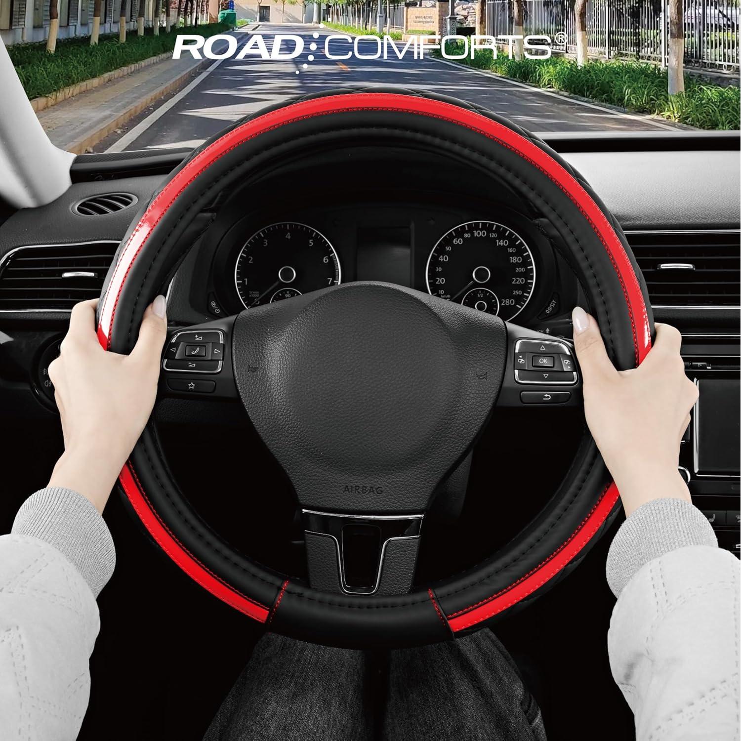 Cubierta de Volante de Cuero Road Comforts Universal 38 cm Rojo