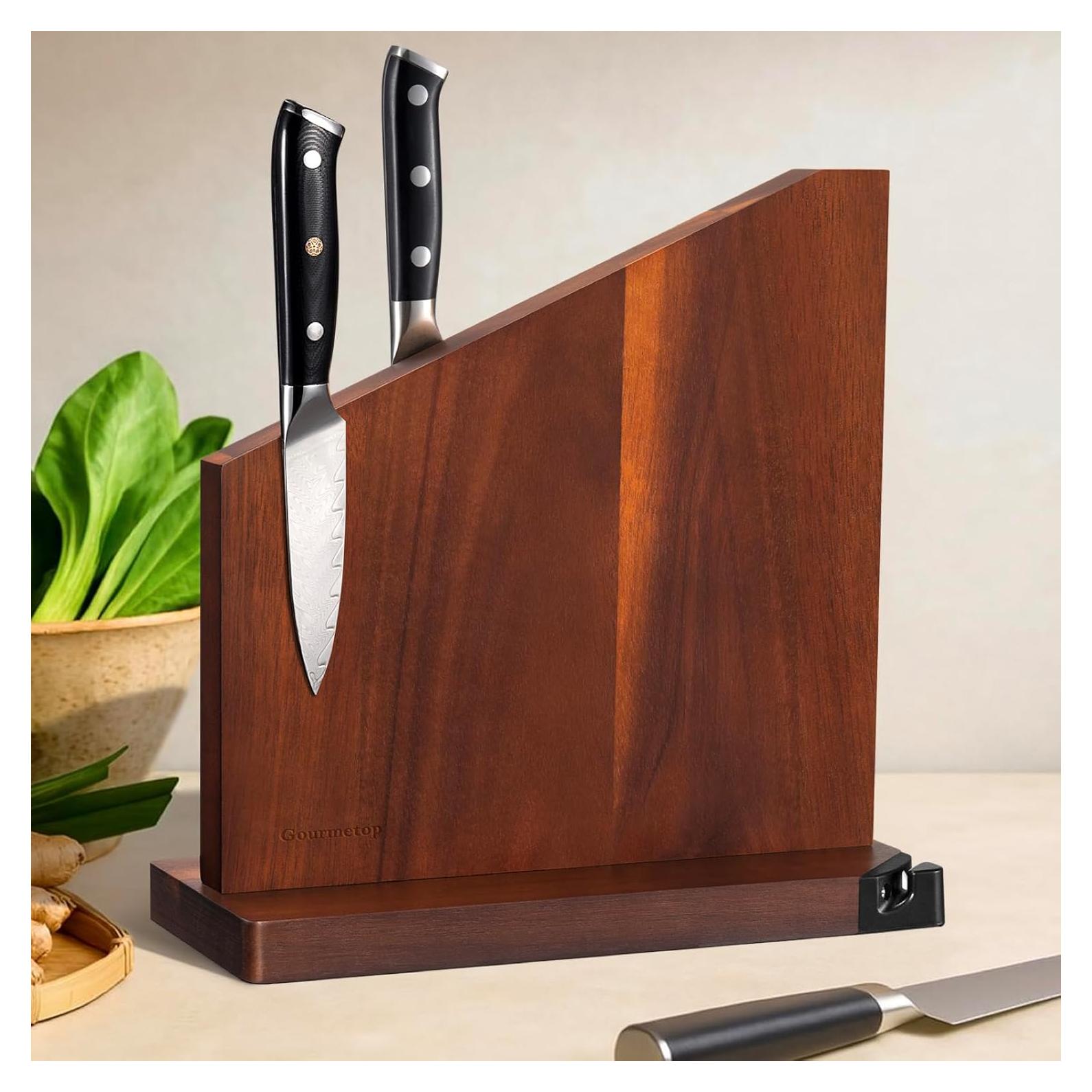 Soporte Magnético para Cuchillos Gourmetop con Afilador - Madera de Acacia