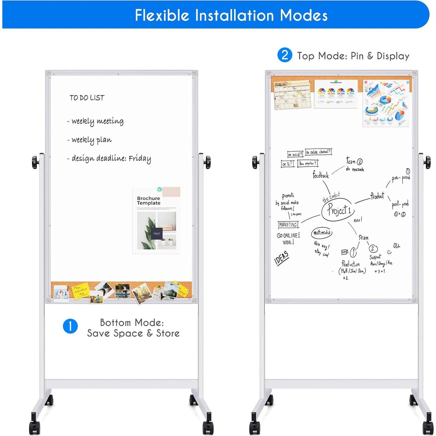 Pizarra Blanca Rodante Maxtek 112x71 cm Doble Cara Corcho