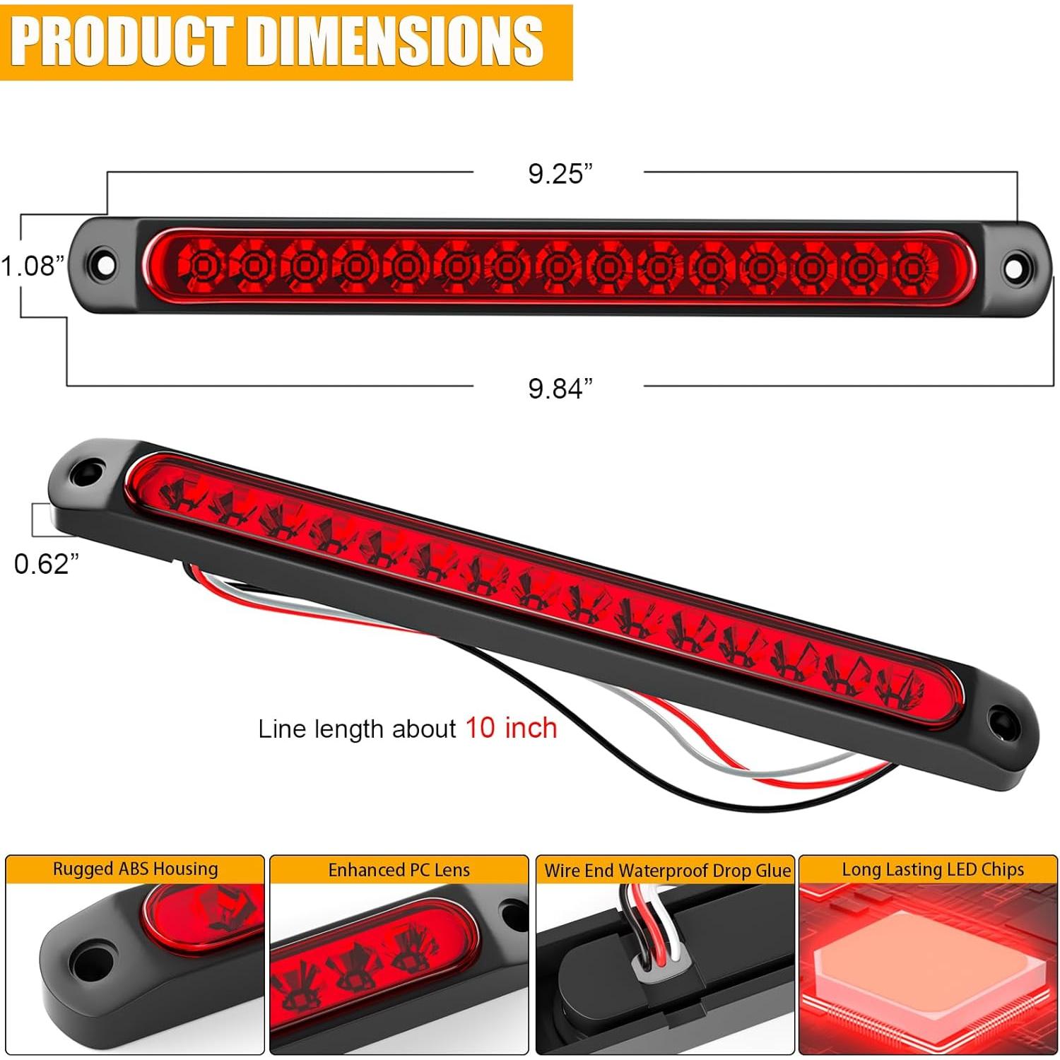 Barra de Luz de Freno PSEQT 10" LED Rojo Impermeable