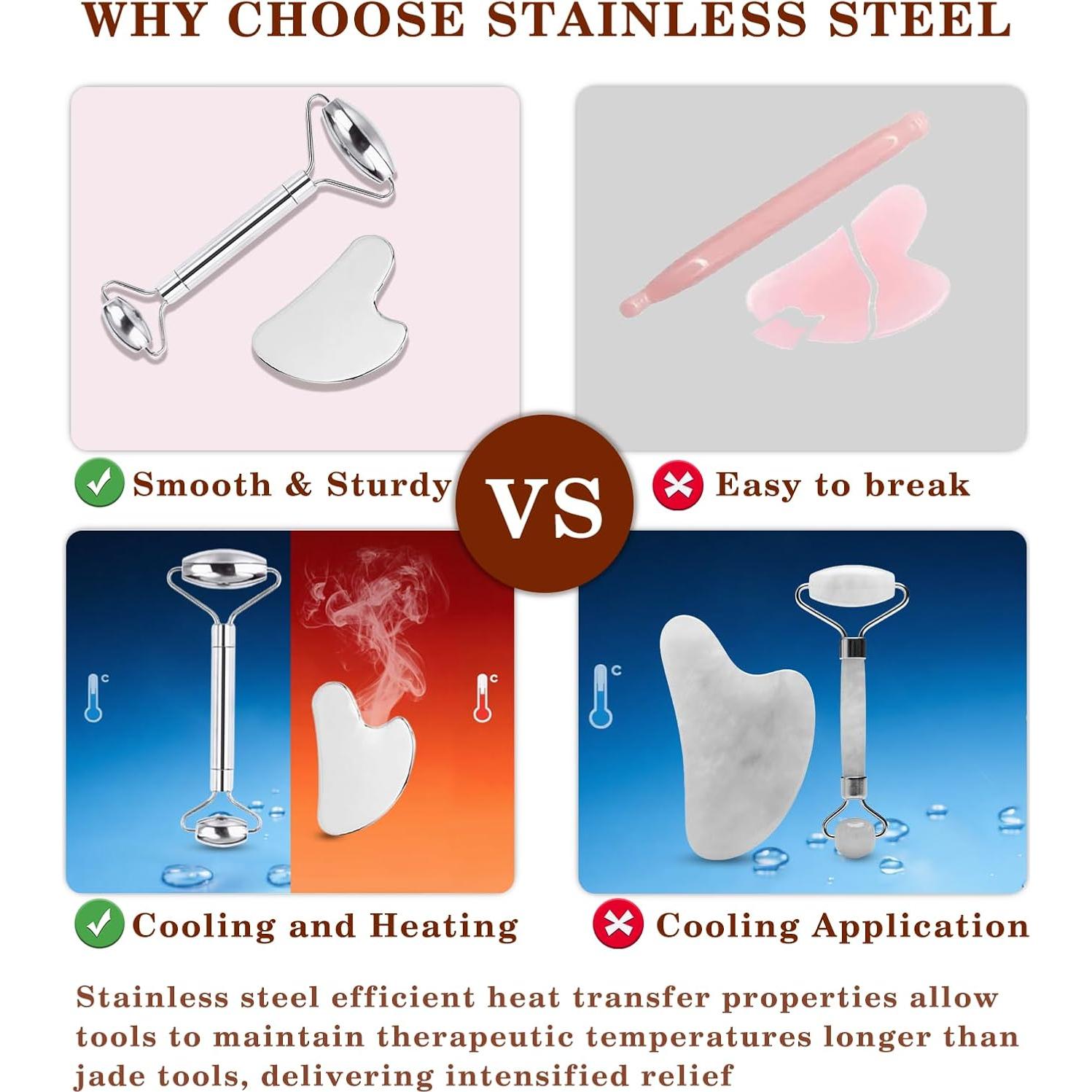 Juego de Gua Sha y Rodillo Facial Unfovi Acero Inoxidable