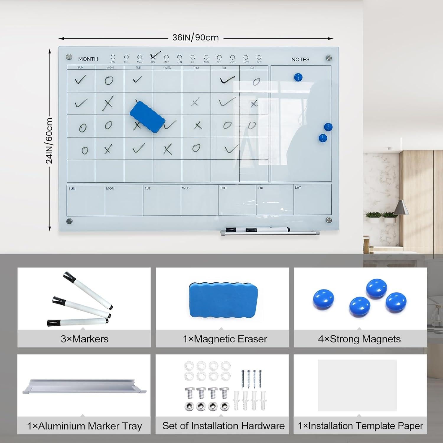 Pizarra de Vidrio Templado 61x91 cm JYYPWB Planificador Mensual