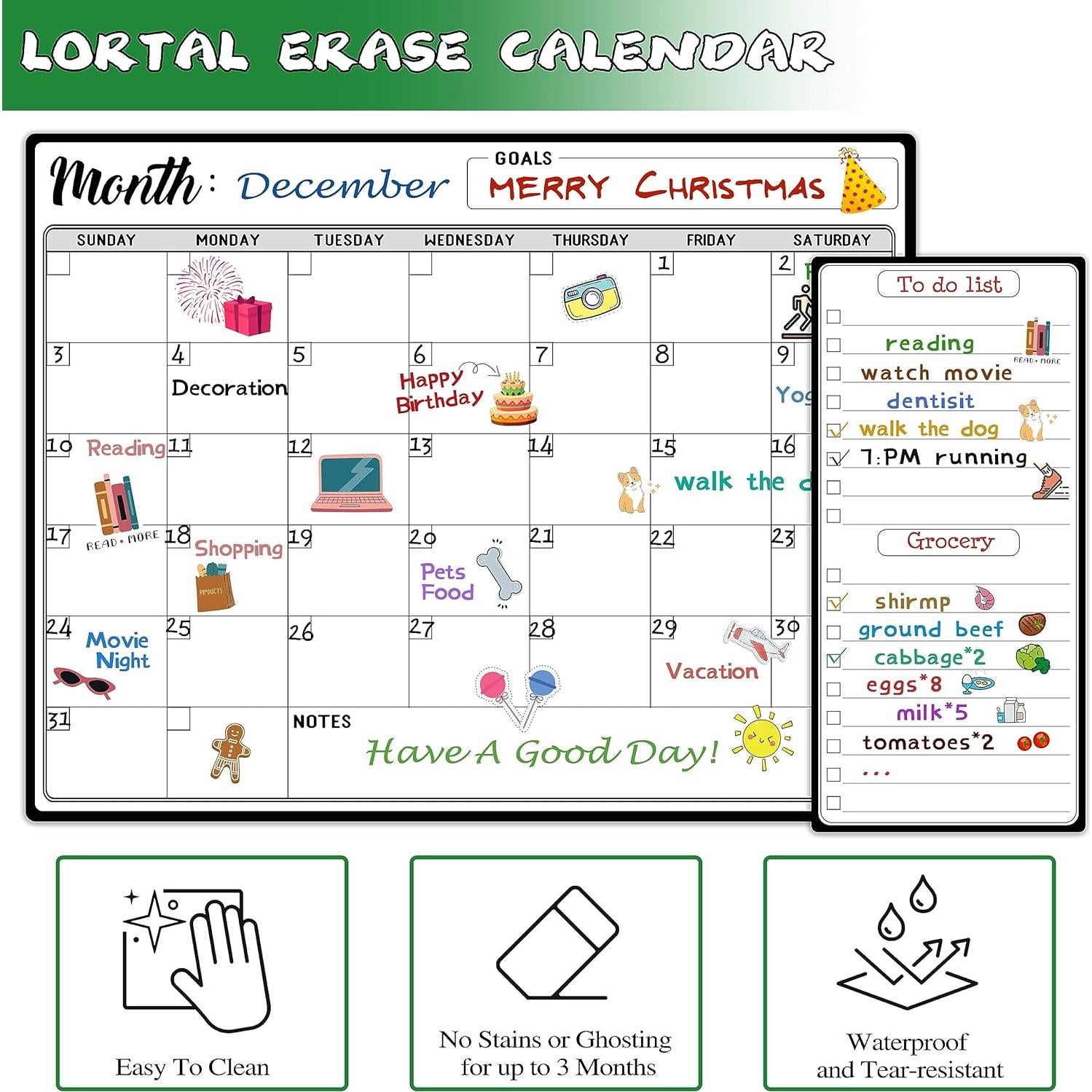 Calendario Magnético Borrable Lortarl 38x28 cm con 6 Marcadores