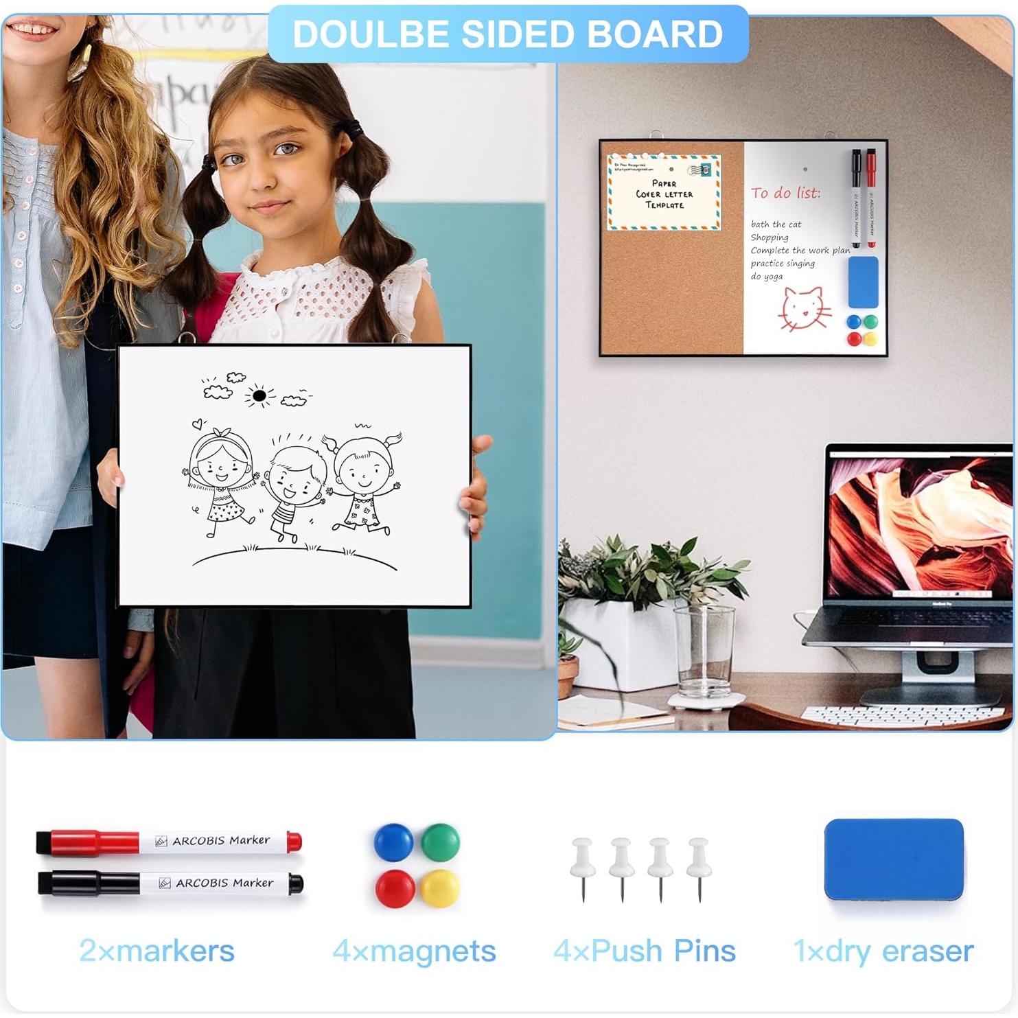 Tablero de Corcho y Pizarra Blanca ARCOBIS 30x40cm Doble Cara