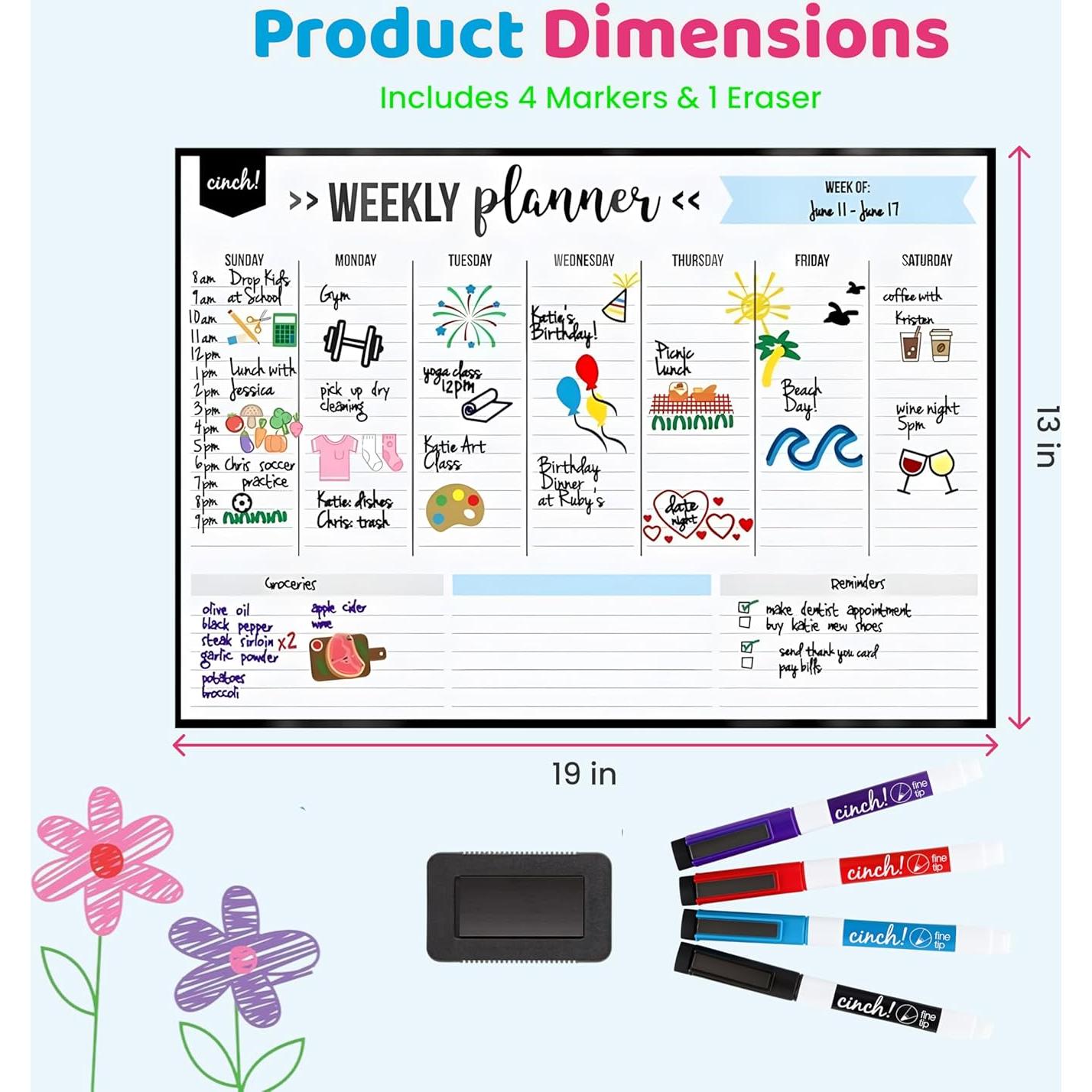 Pizarra Blanca Magnética Cinch! 48.3x33 cm - Calendario Semanal